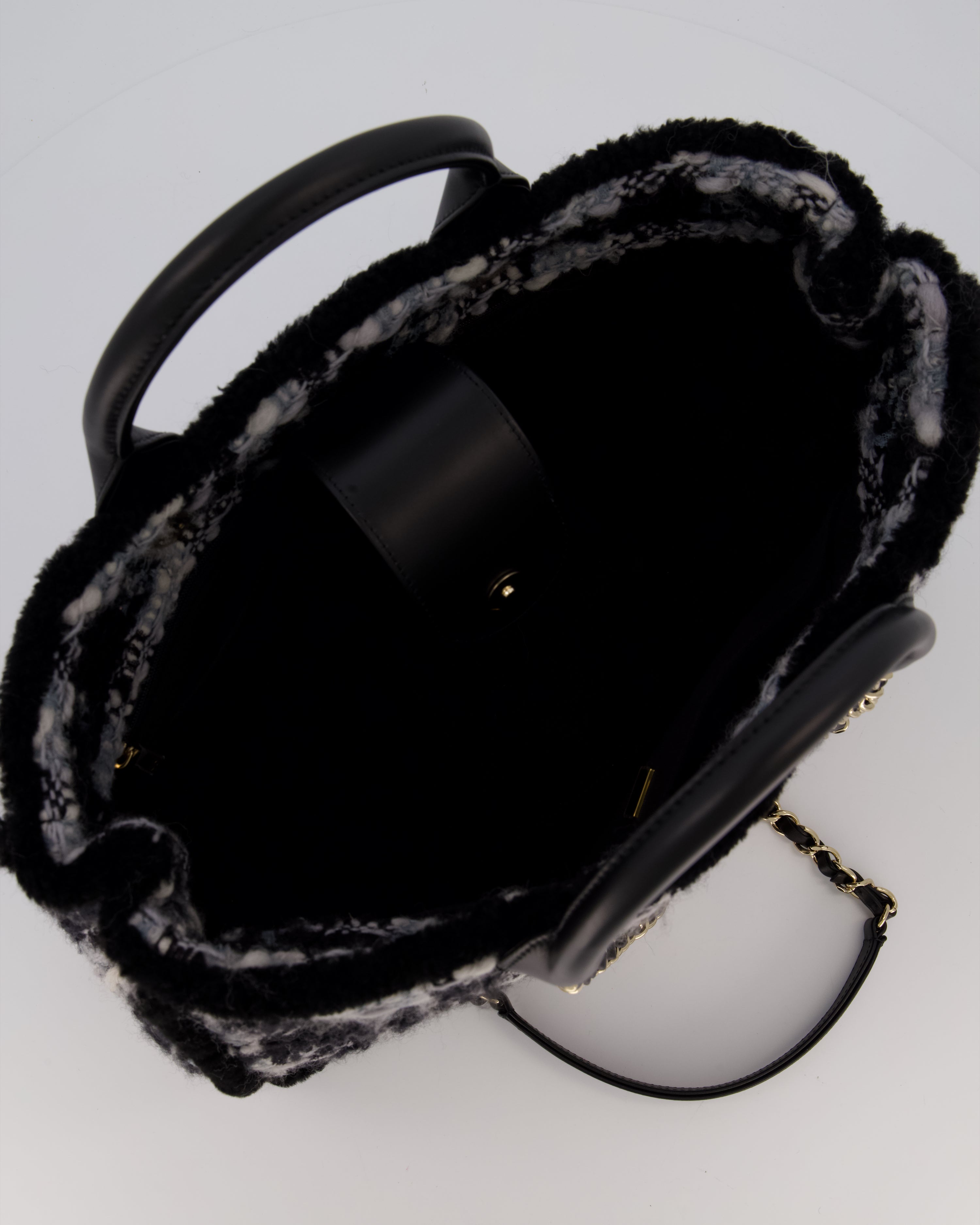 Chanel 25N Grey and Black Oqilted Tweed Shopping Tote Bag With Champagne Gold Hardware and Leather Handle