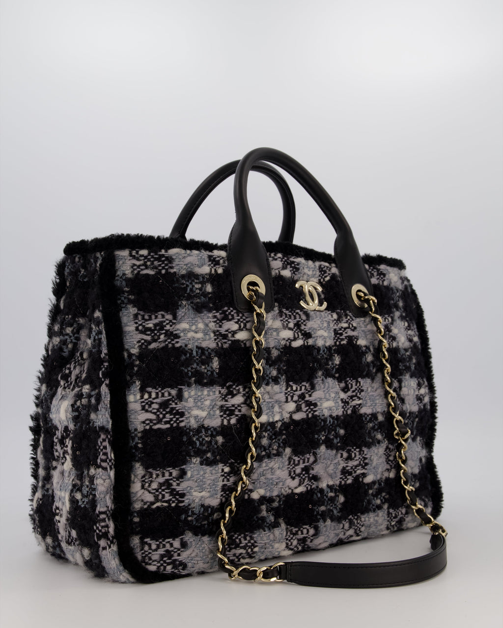Chanel 25N Grey and Black Oqilted Tweed Shopping Tote Bag With Champagne Gold Hardware and Leather Handle