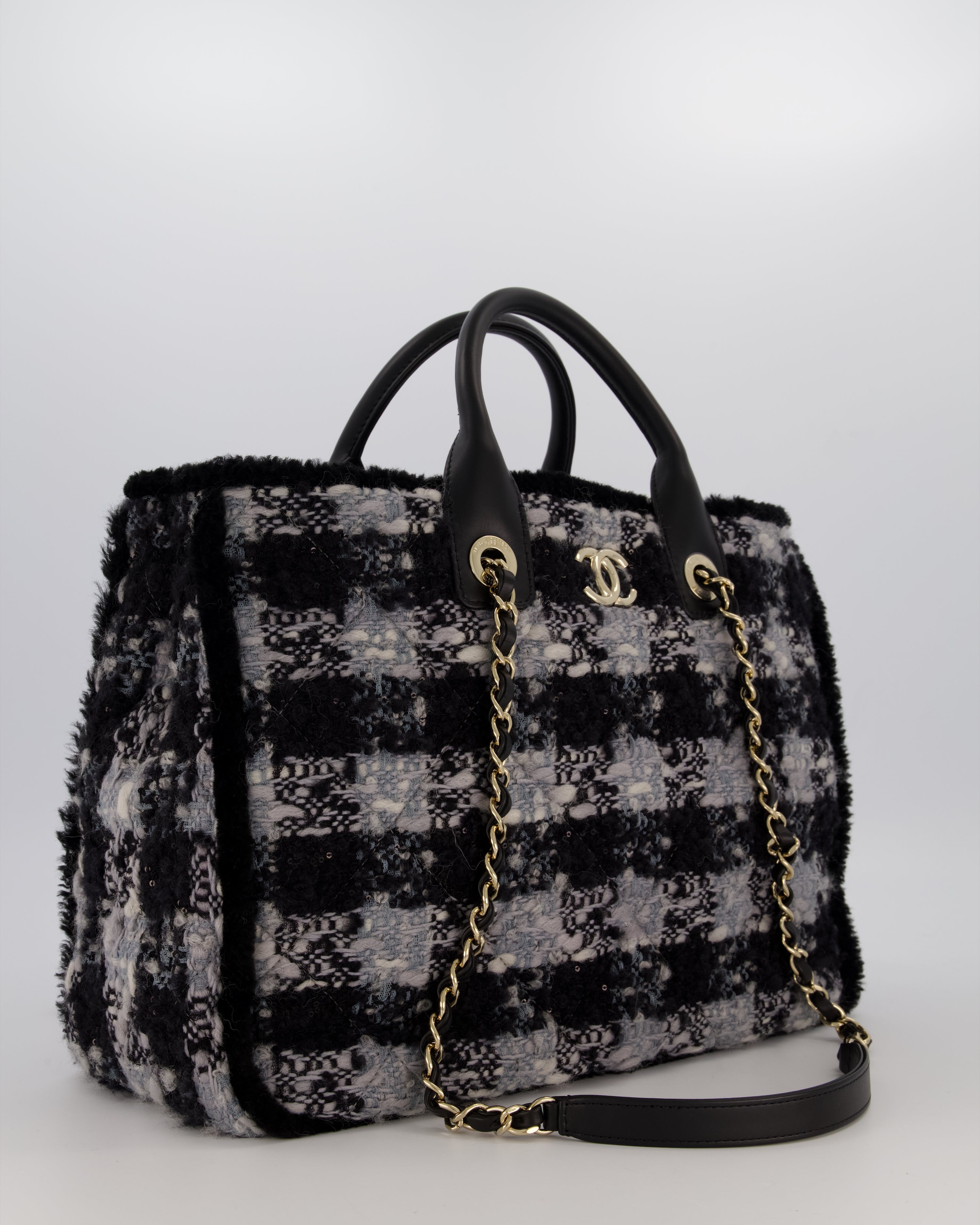 Chanel 25N Grey and Black Oqilted Tweed Shopping Tote Bag With Champagne Gold Hardware and Leather Handle