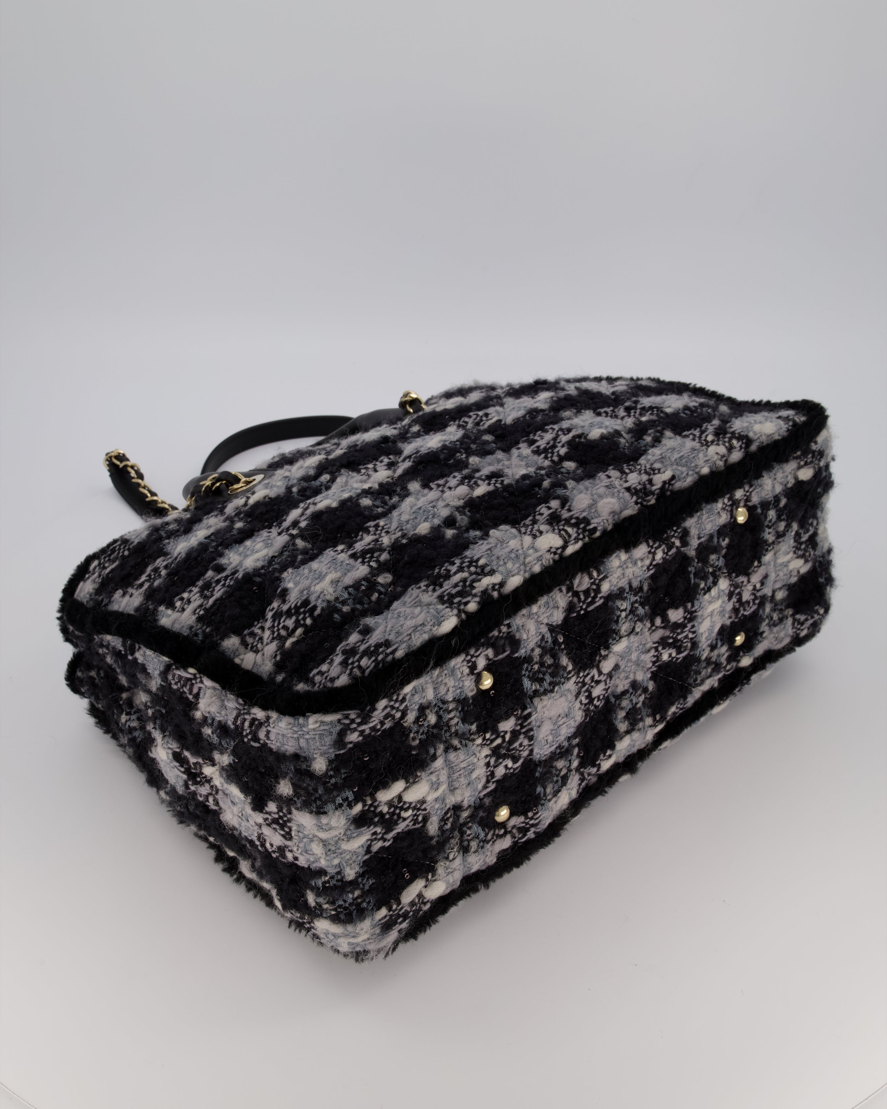 Chanel 25N Grey and Black Oqilted Tweed Shopping Tote Bag With Champagne Gold Hardware and Leather Handle