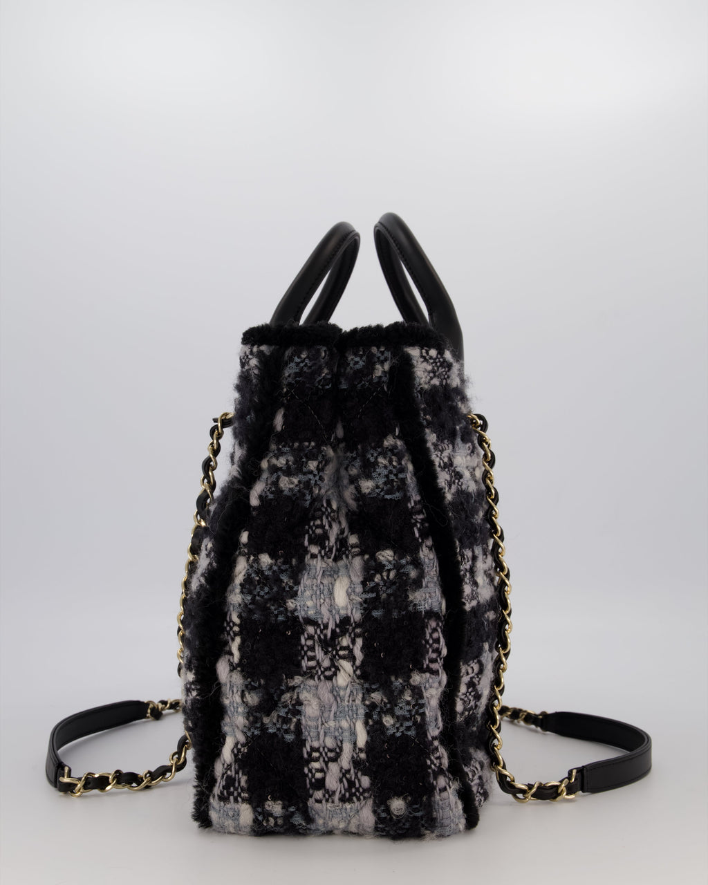 Chanel 25N Grey and Black Oqilted Tweed Shopping Tote Bag With Champagne Gold Hardware and Leather Handle