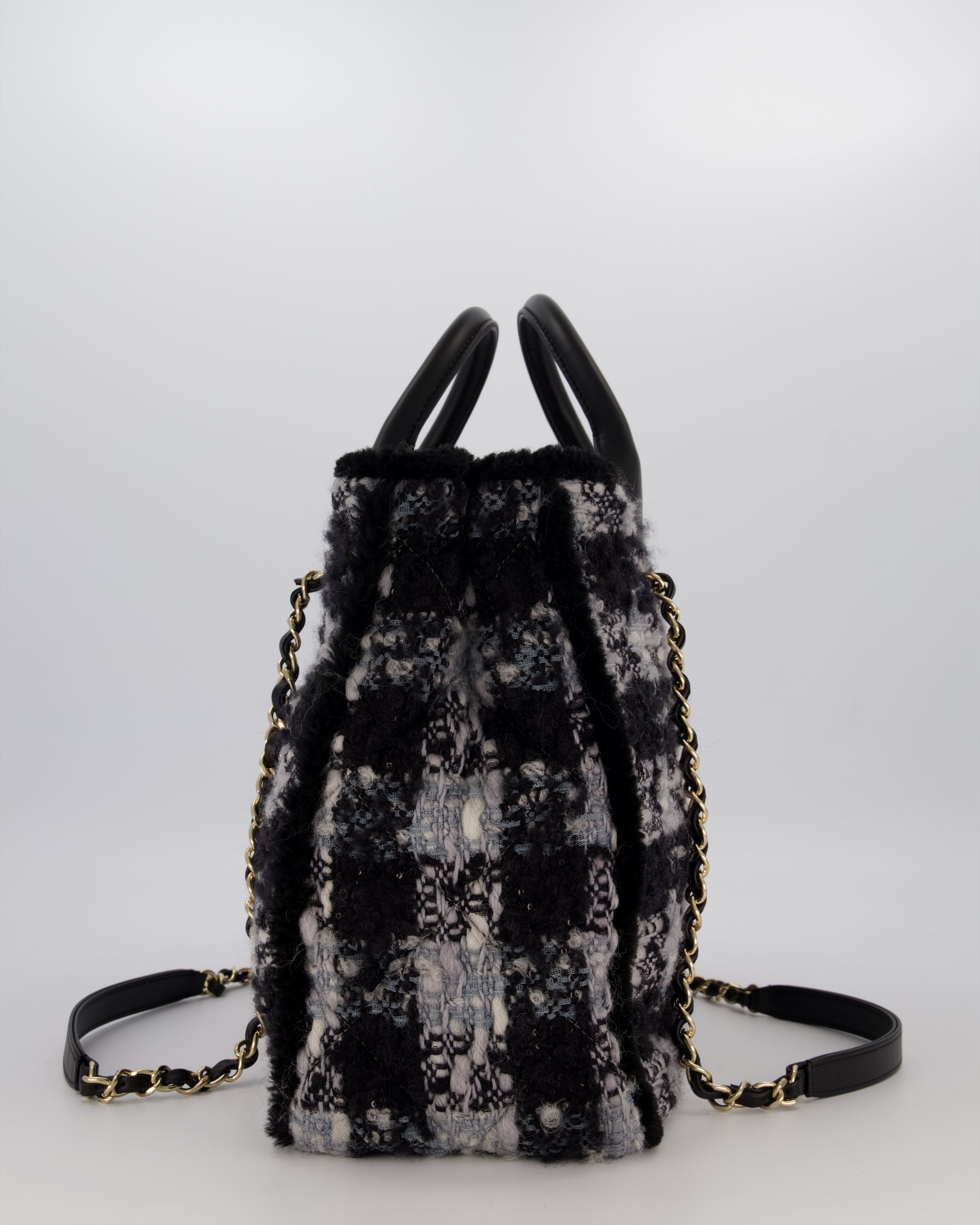 Chanel 25N Grey and Black Oqilted Tweed Shopping Tote Bag With Champagne Gold Hardware and Leather Handle