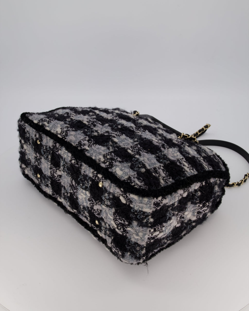 Chanel 25N Grey and Black Oqilted Tweed Shopping Tote Bag With Champagne Gold Hardware and Leather Handle