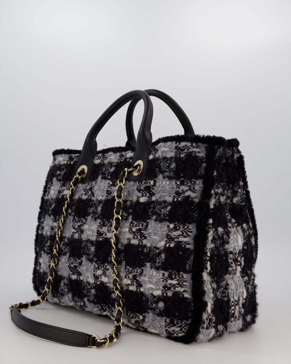 Chanel 25N Grey and Black Oqilted Tweed Shopping Tote Bag With Champagne Gold Hardware and Leather Handle