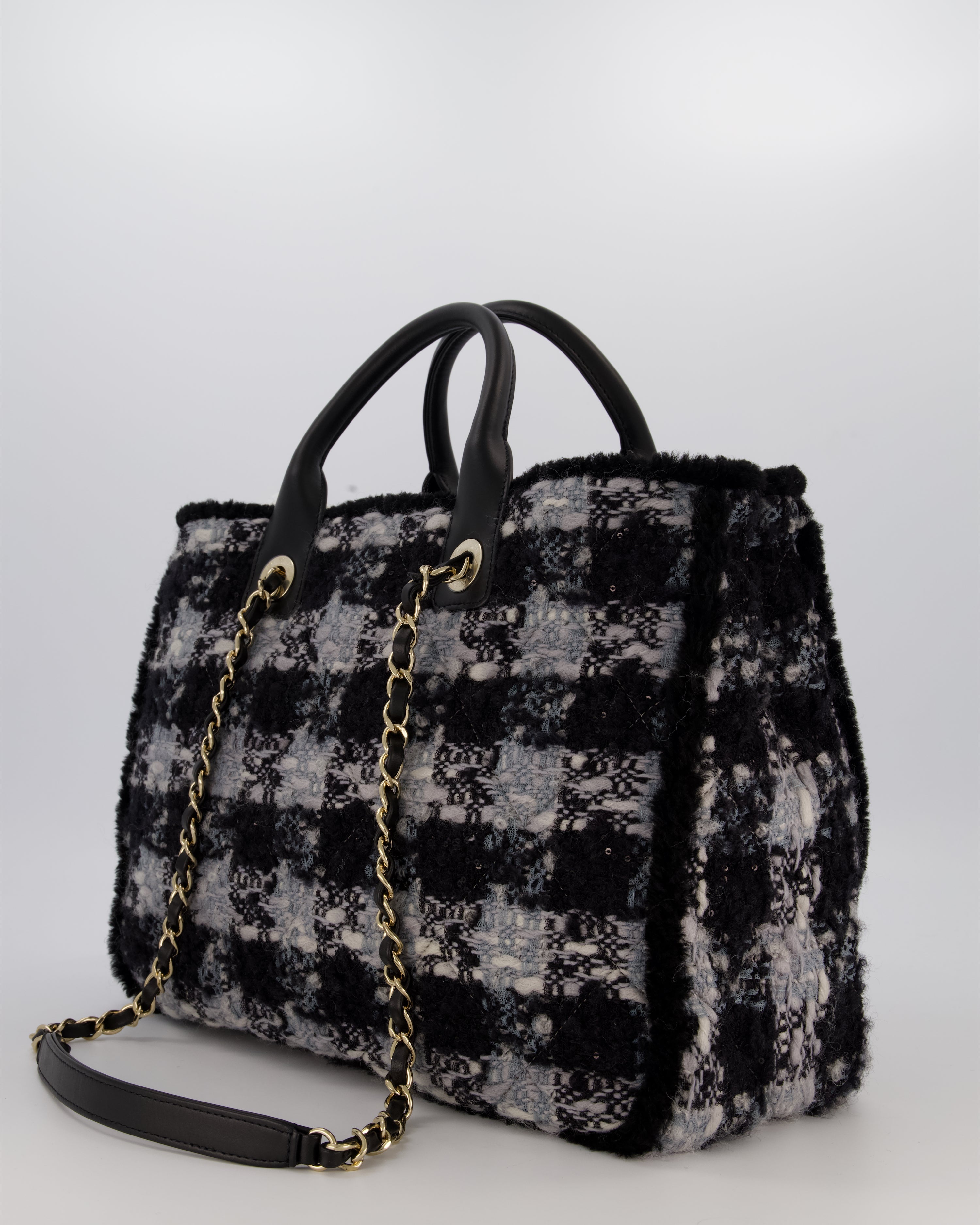 Chanel 25N Grey and Black Oqilted Tweed Shopping Tote Bag With Champagne Gold Hardware and Leather Handle