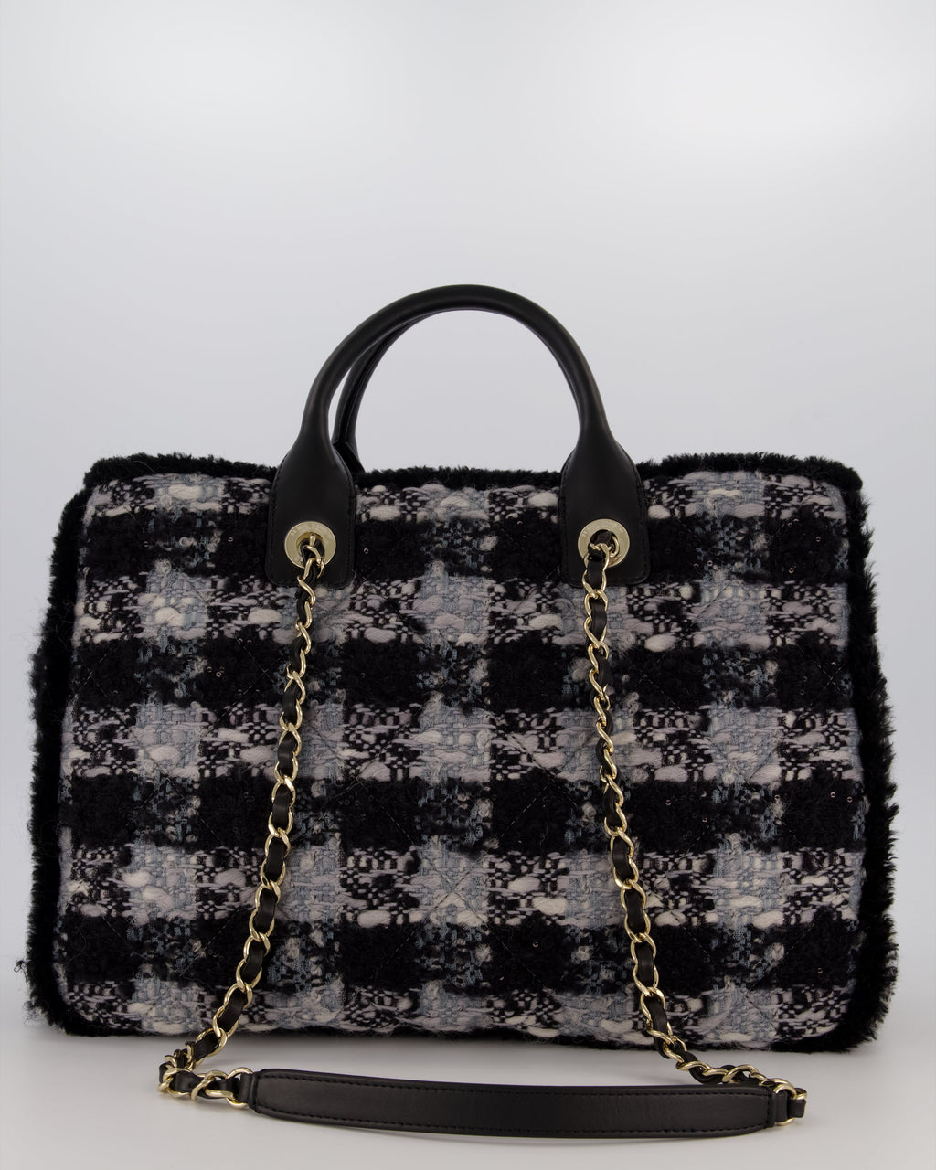 Chanel 25N Grey and Black Oqilted Tweed Shopping Tote Bag With Champagne Gold Hardware and Leather Handle