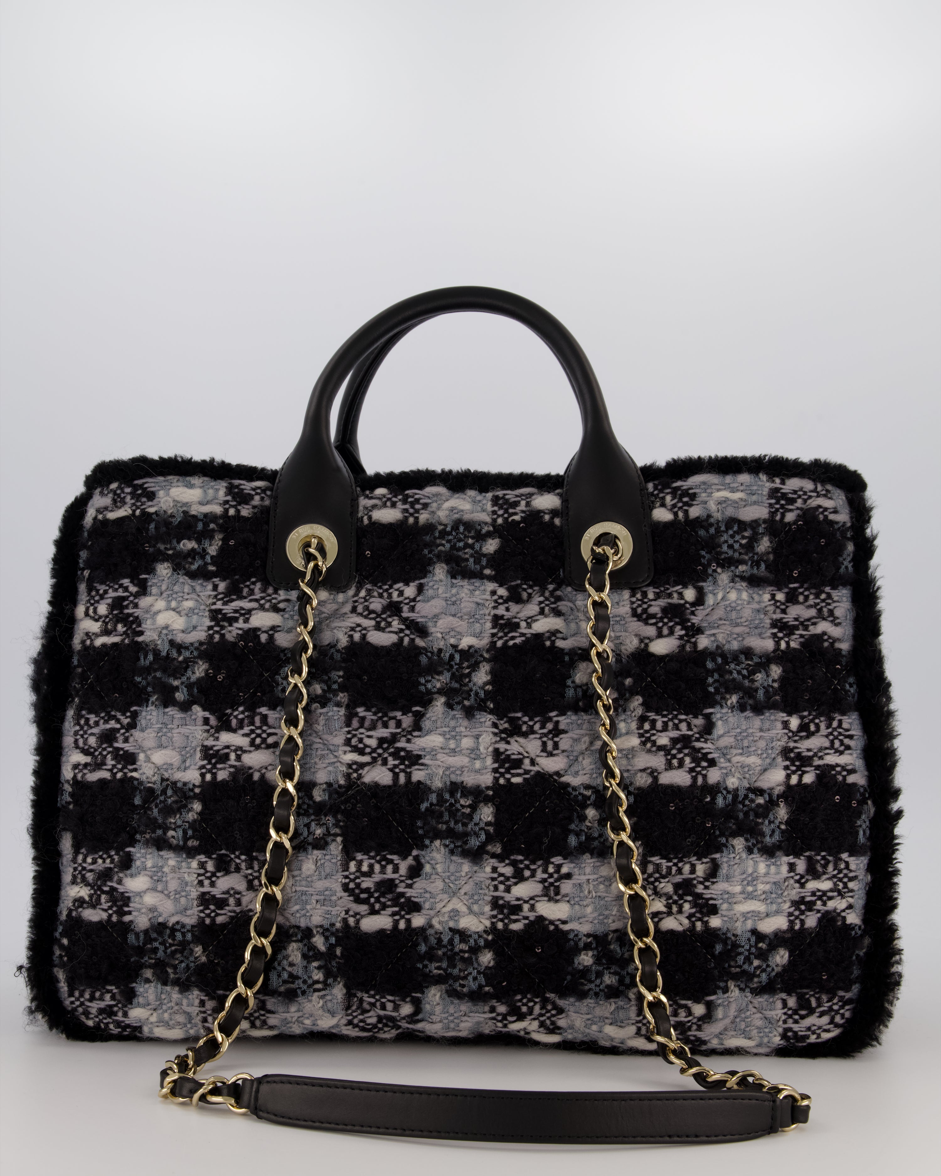 Chanel 25N Grey and Black Oqilted Tweed Shopping Tote Bag With Champagne Gold Hardware and Leather Handle