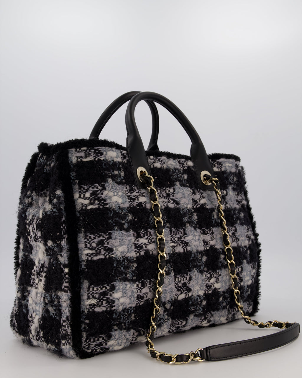 Chanel 25N Grey and Black Oqilted Tweed Shopping Tote Bag With Champagne Gold Hardware and Leather Handle