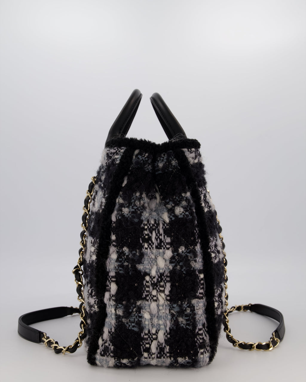 Chanel 25N Grey and Black Oqilted Tweed Shopping Tote Bag With Champagne Gold Hardware and Leather Handle