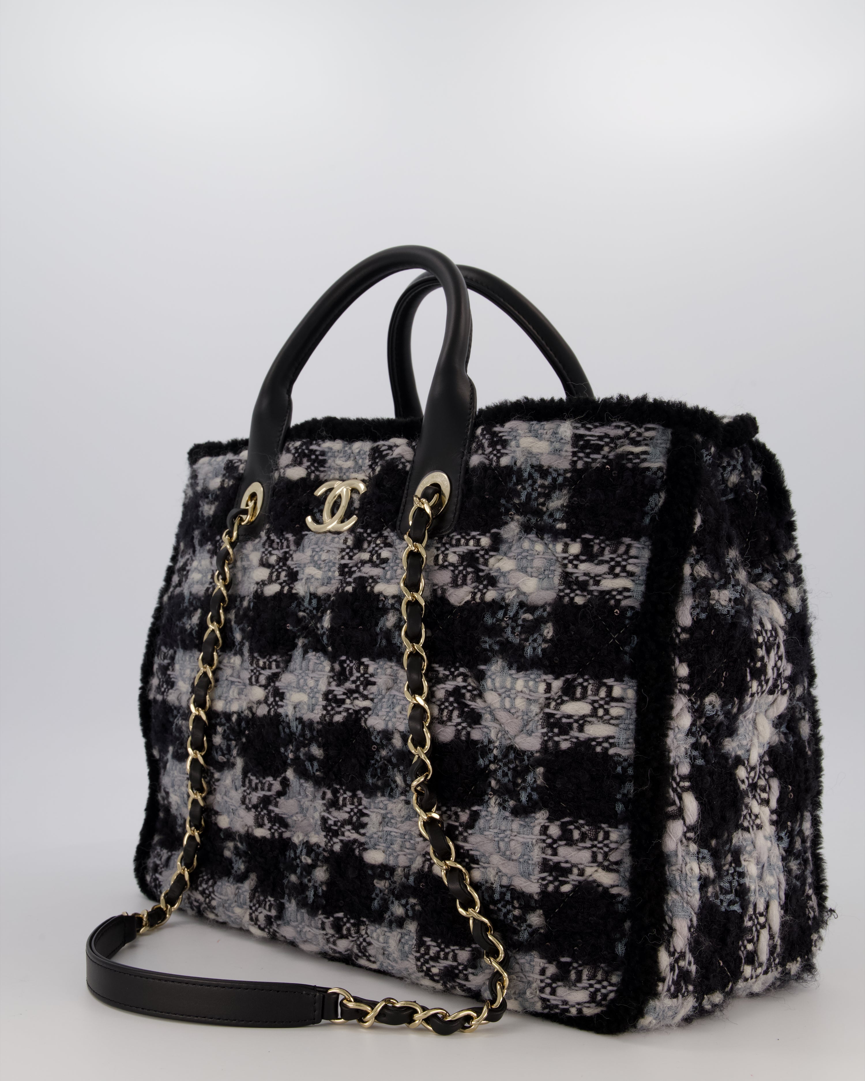 Chanel 25N Grey and Black Oqilted Tweed Shopping Tote Bag With Champagne Gold Hardware and Leather Handle