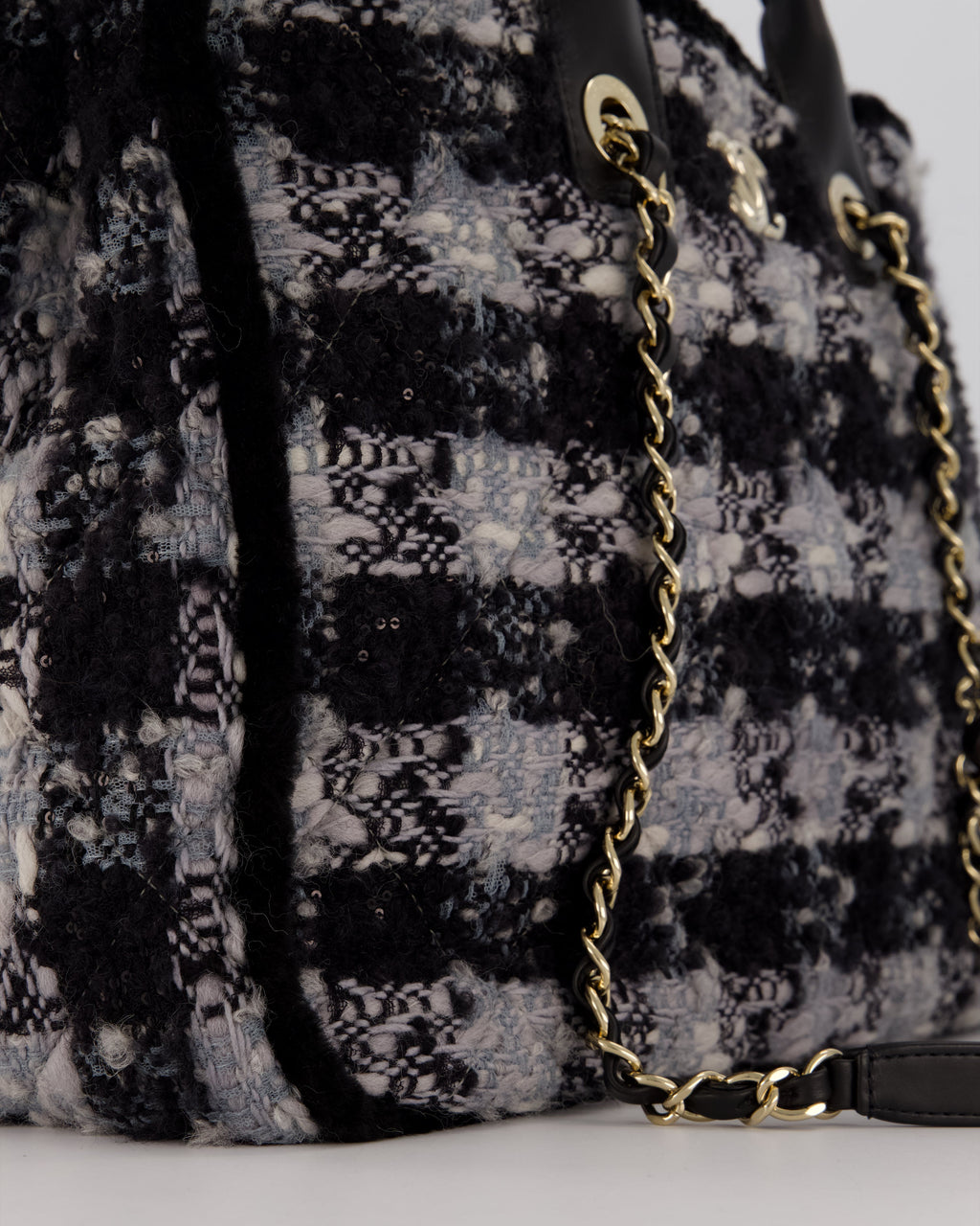 Chanel 25N Grey and Black Oqilted Tweed Shopping Tote Bag With Champagne Gold Hardware and Leather Handle