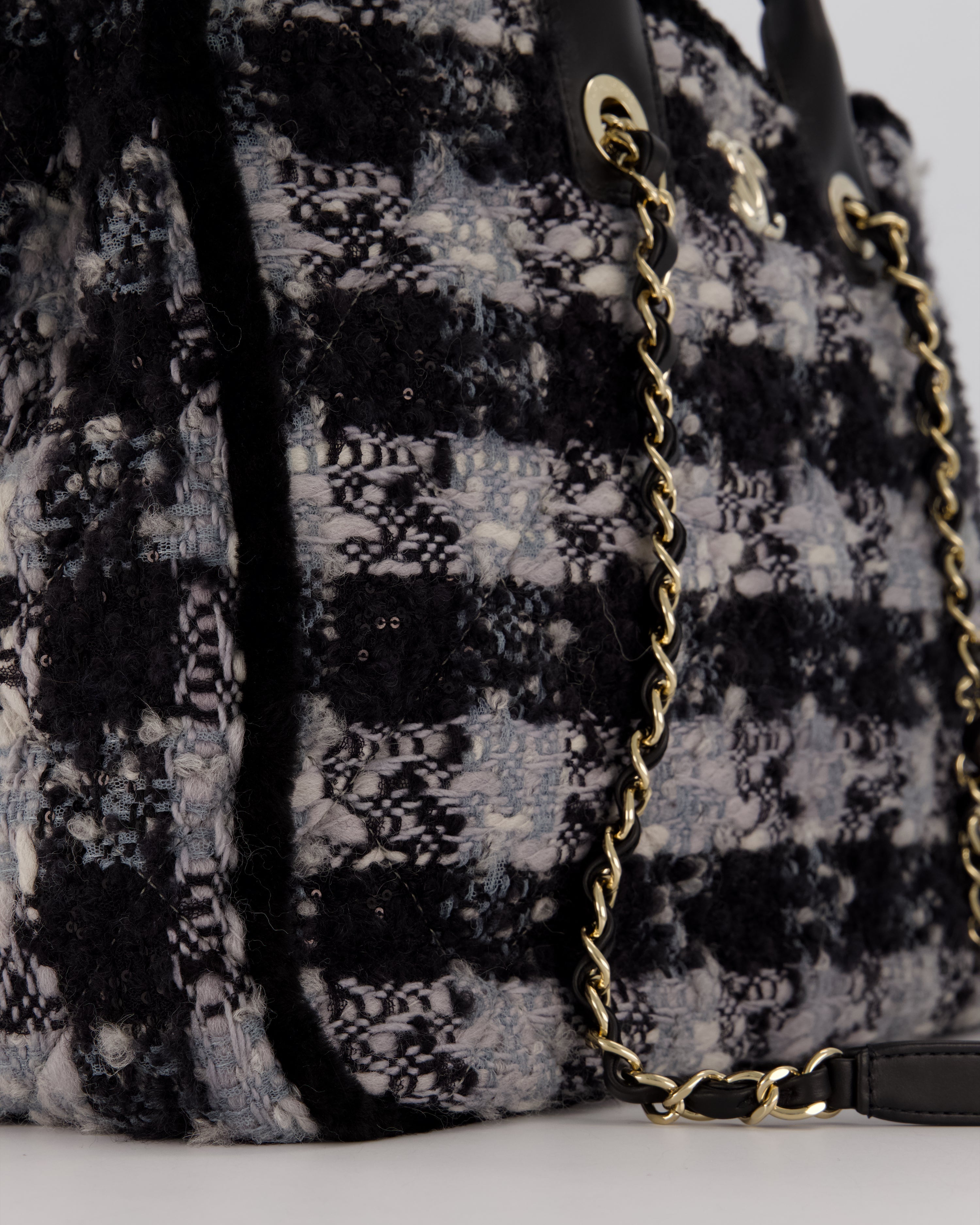 Chanel 25N Grey and Black Oqilted Tweed Shopping Tote Bag With Champagne Gold Hardware and Leather Handle