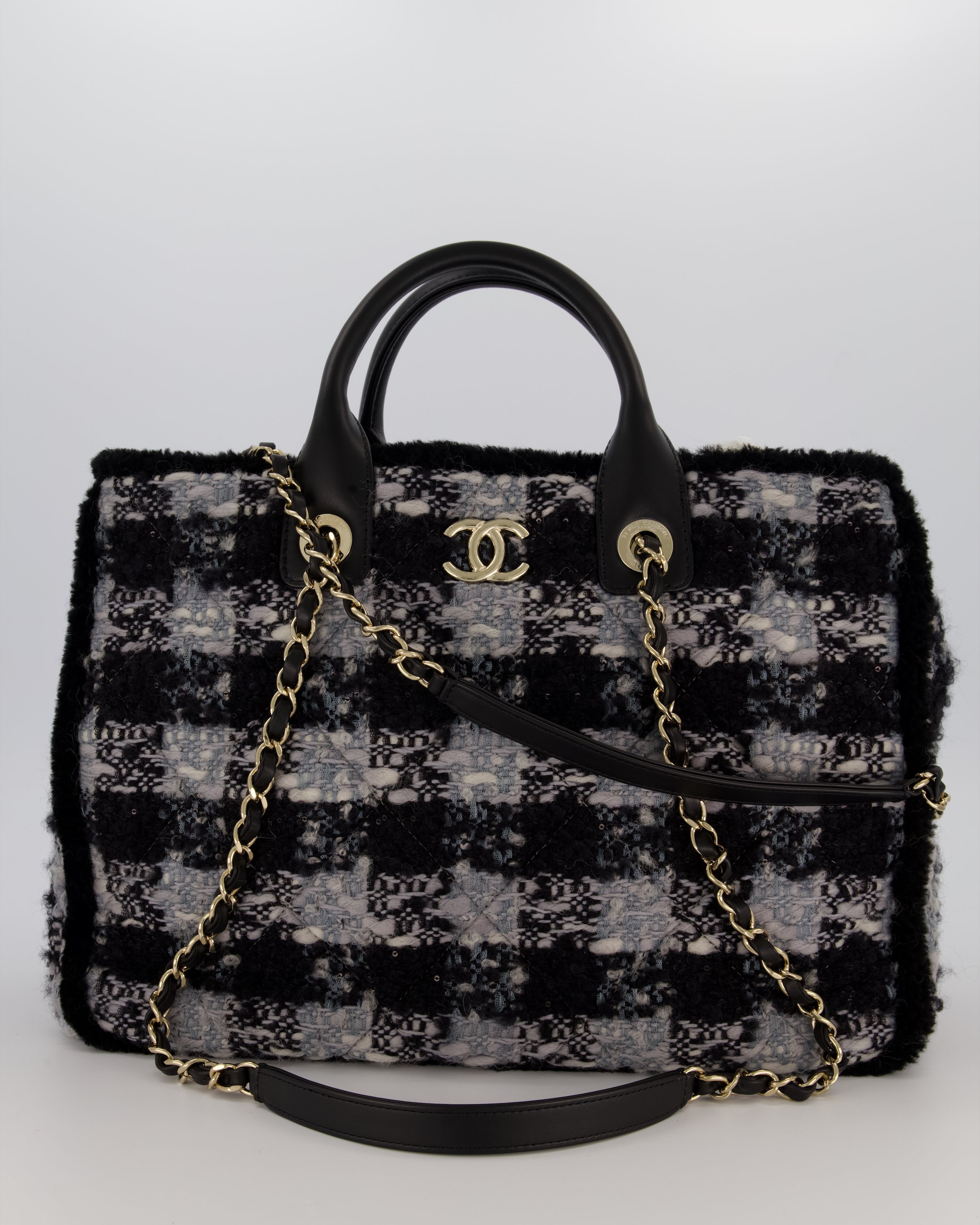 Chanel 25N Grey and Black Oqilted Tweed Shopping Tote Bag With Champagne Gold Hardware and Leather Handle
