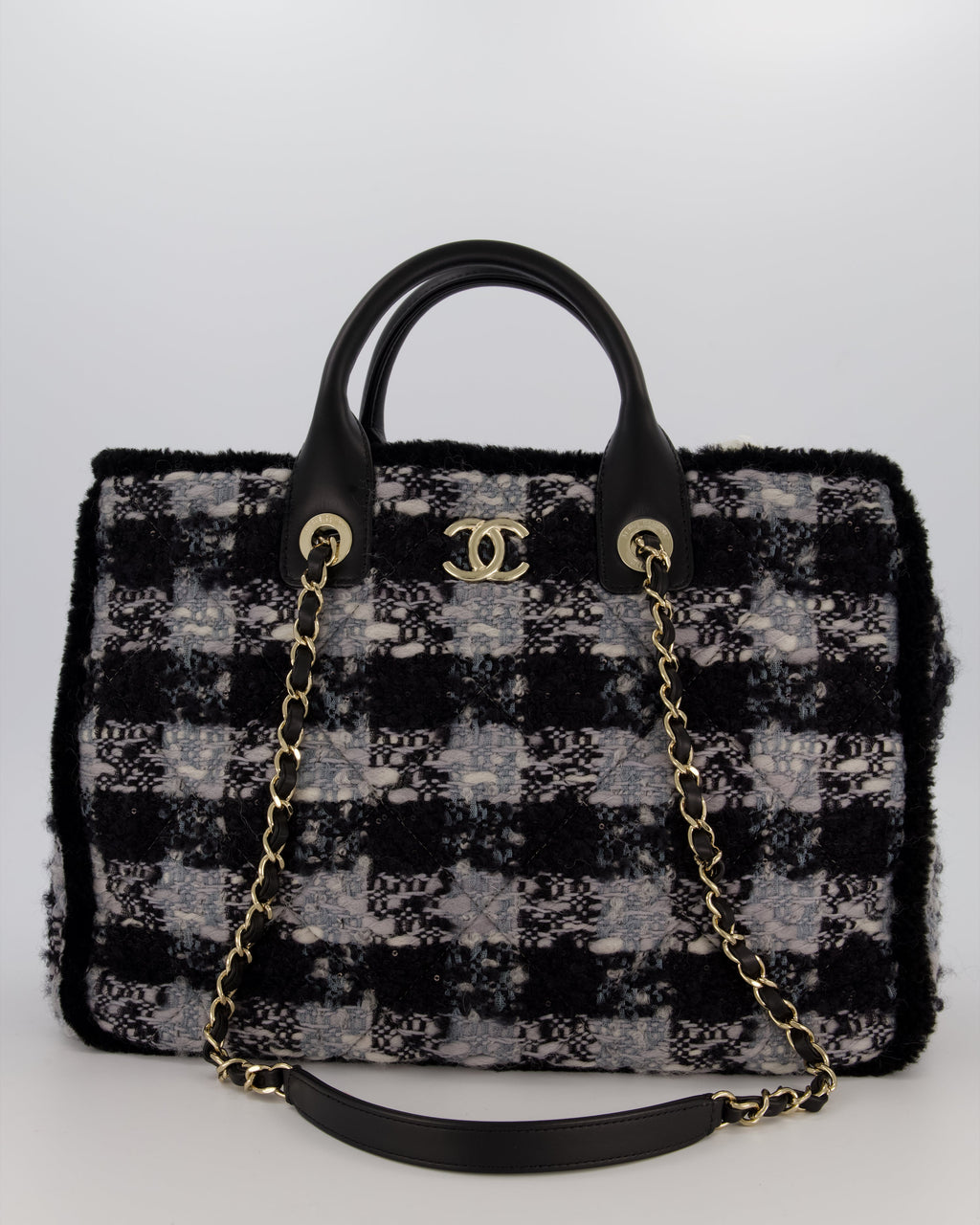 Chanel 25N Grey and Black Oqilted Tweed Shopping Tote Bag With Champagne Gold Hardware and Leather Handle