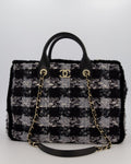 Chanel 25N Grey and Black Oqilted Tweed Shopping Tote Bag With Champagne Gold Hardware and Leather Handle