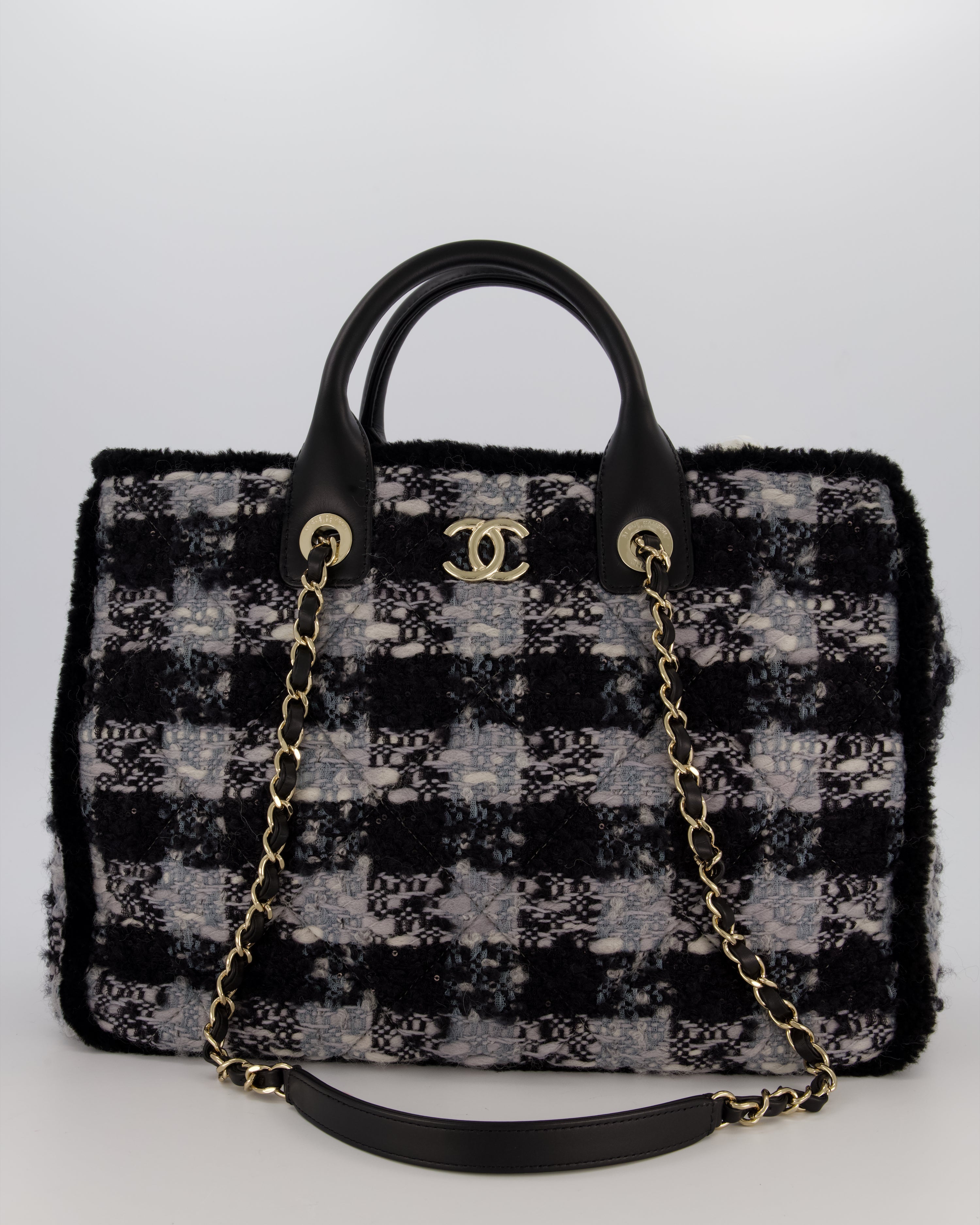 Chanel 25N Grey and Black Oqilted Tweed Shopping Tote Bag With Champagne Gold Hardware and Leather Handle