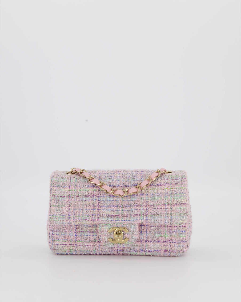 Chanel Lilac, Blue and Green Tweed Mini Rectangular Single Flap Bag with Gold Hardware