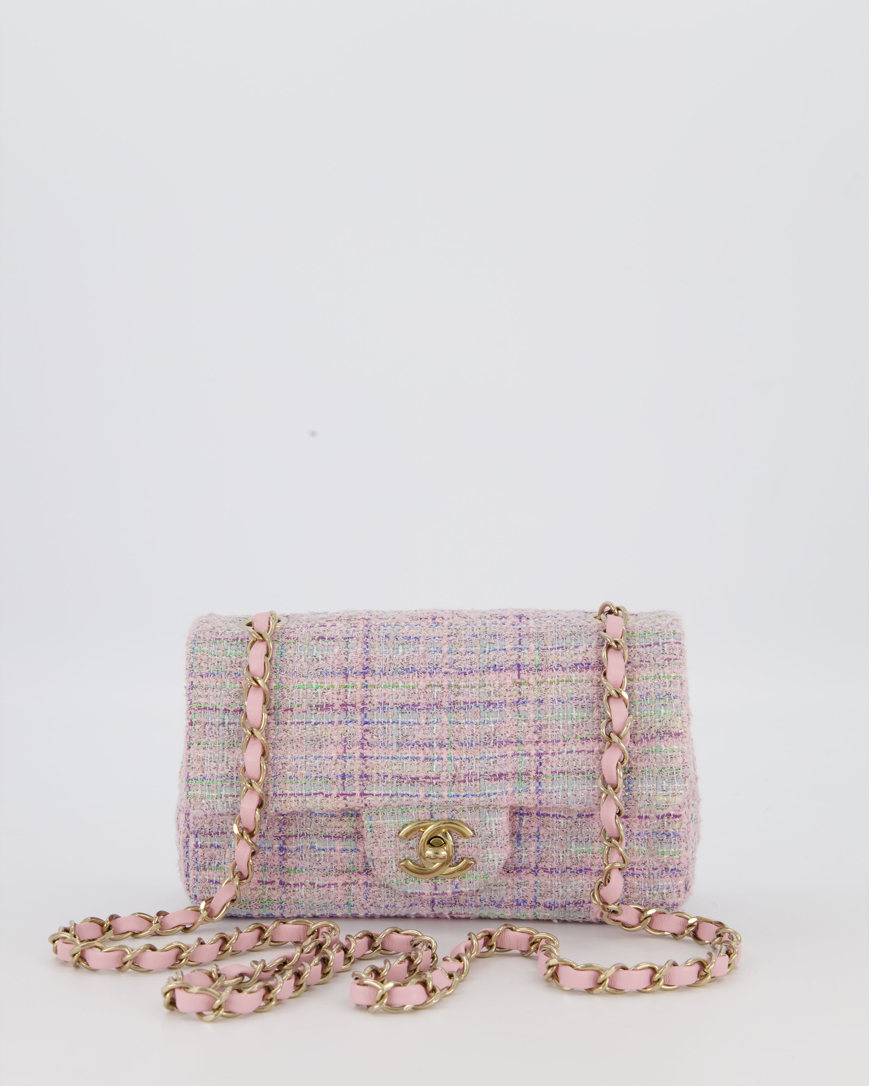 Chanel Lilac, Blue and Green Tweed Mini Rectangular Single Flap Bag with Gold Hardware