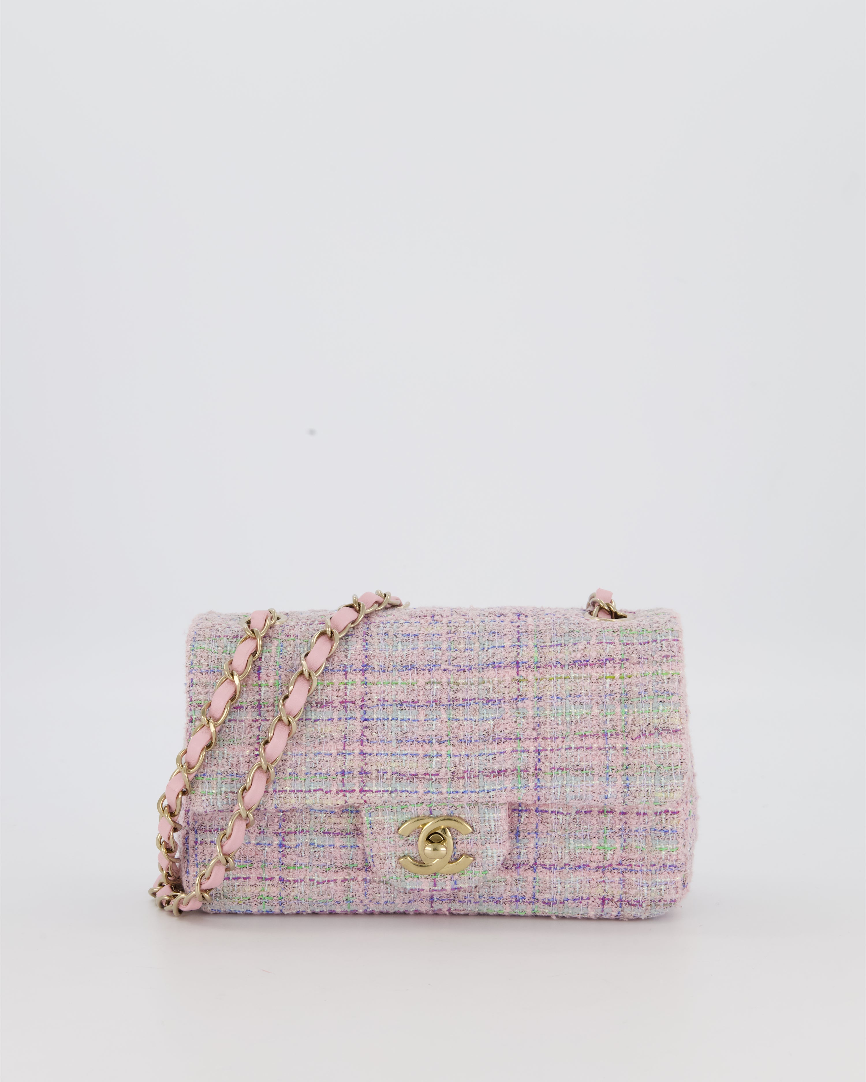 Chanel Lilac, Blue and Green Tweed Mini Rectangular Single Flap Bag with Gold Hardware
