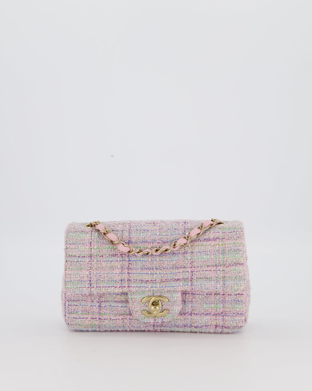 Chanel Lilac, Blue and Green Tweed Mini Rectangular Single Flap Bag with Gold Hardware