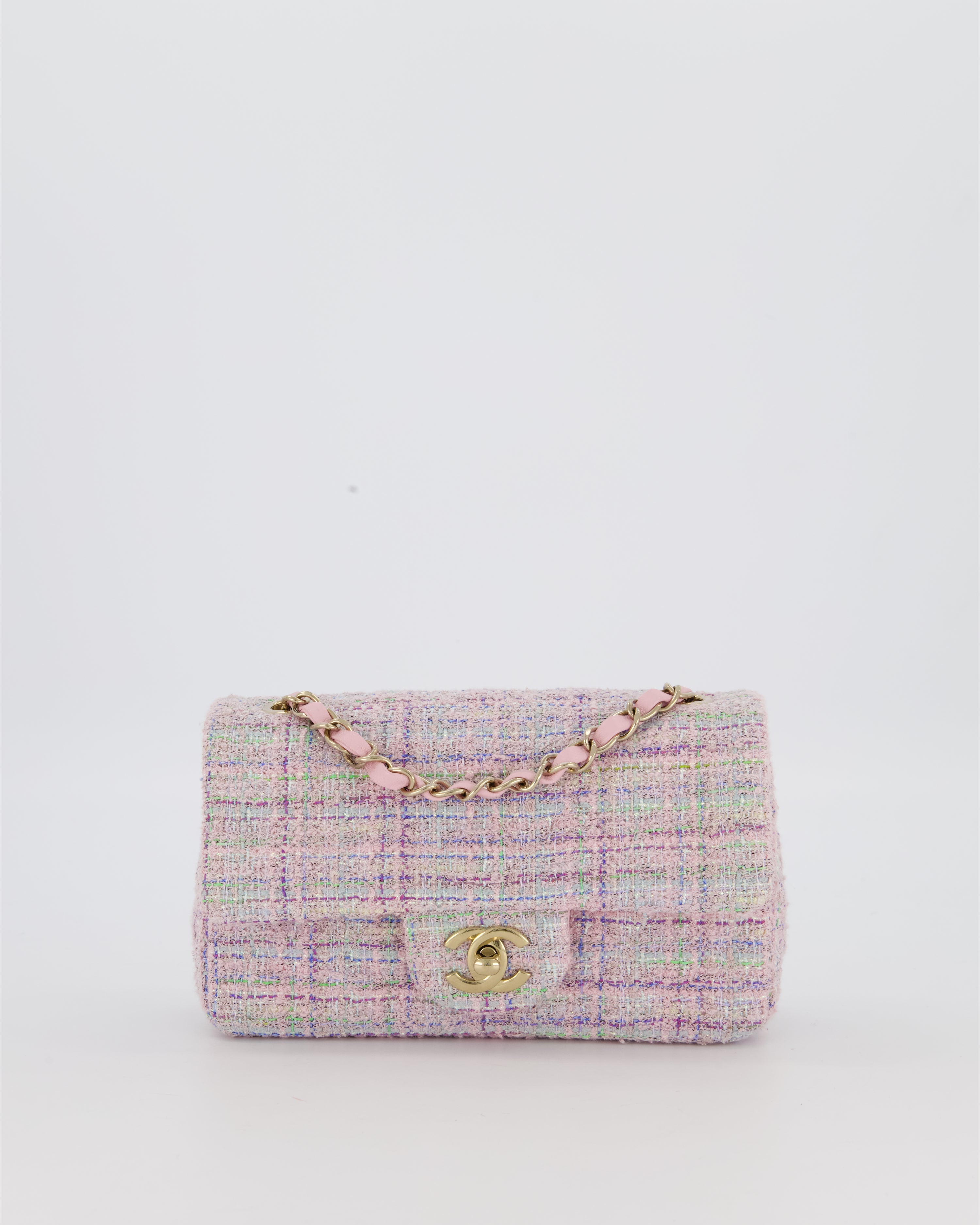 Chanel Lilac, Blue and Green Tweed Mini Rectangular Single Flap Bag with Gold Hardware