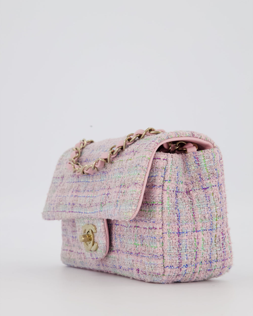 Chanel Lilac, Blue and Green Tweed Mini Rectangular Single Flap Bag with Gold Hardware