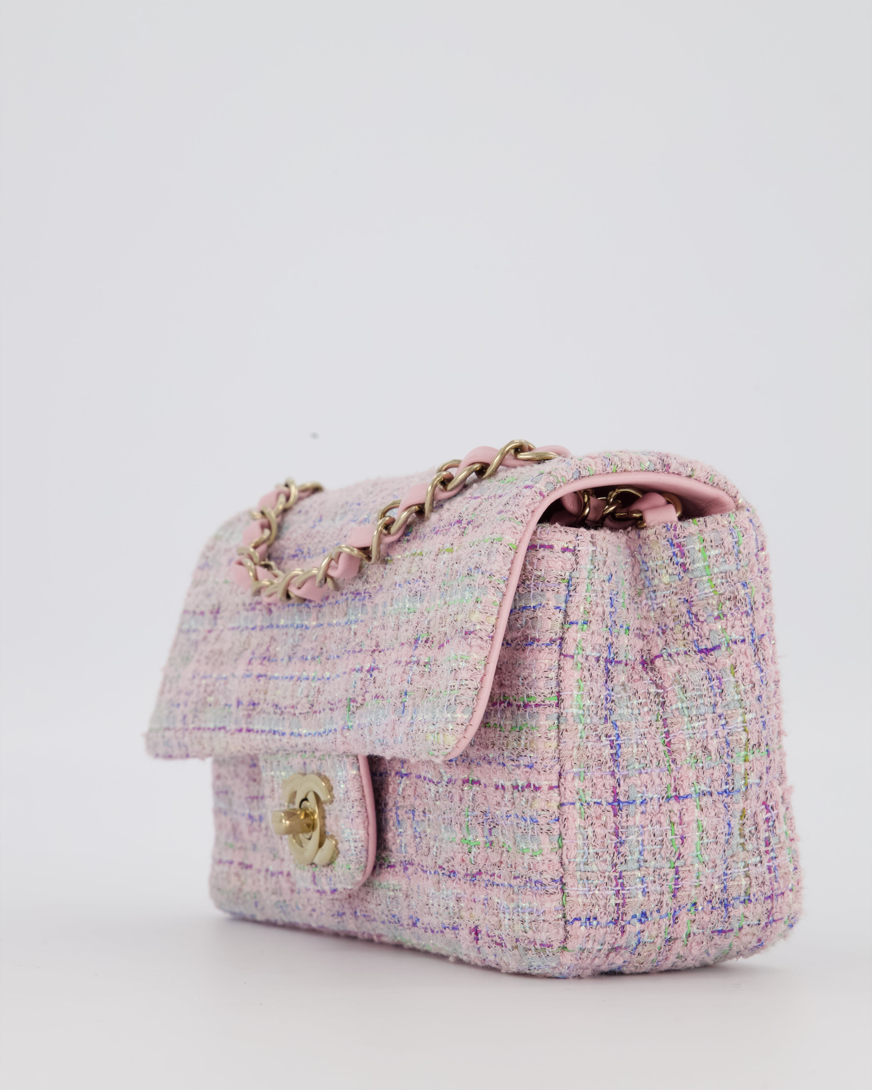 Chanel Lilac, Blue and Green Tweed Mini Rectangular Single Flap Bag with Gold Hardware