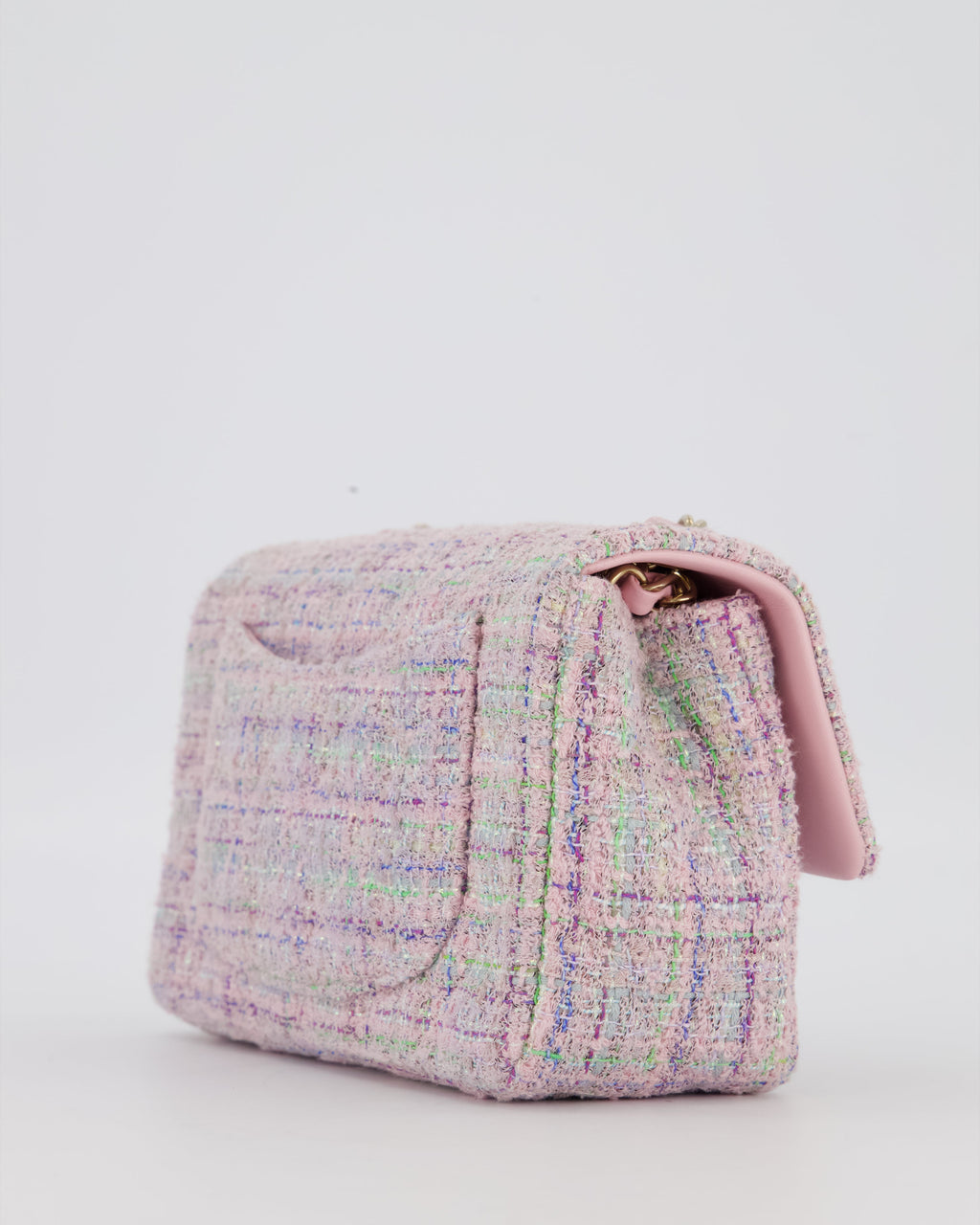 Chanel Lilac, Blue and Green Tweed Mini Rectangular Single Flap Bag with Gold Hardware