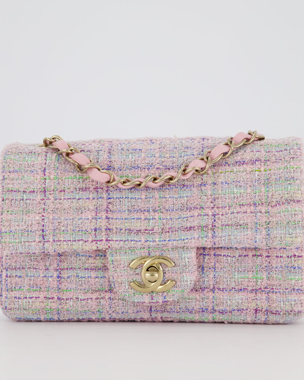 Chanel Lilac, Blue and Green Tweed Mini Rectangular Single Flap Bag with Gold Hardware