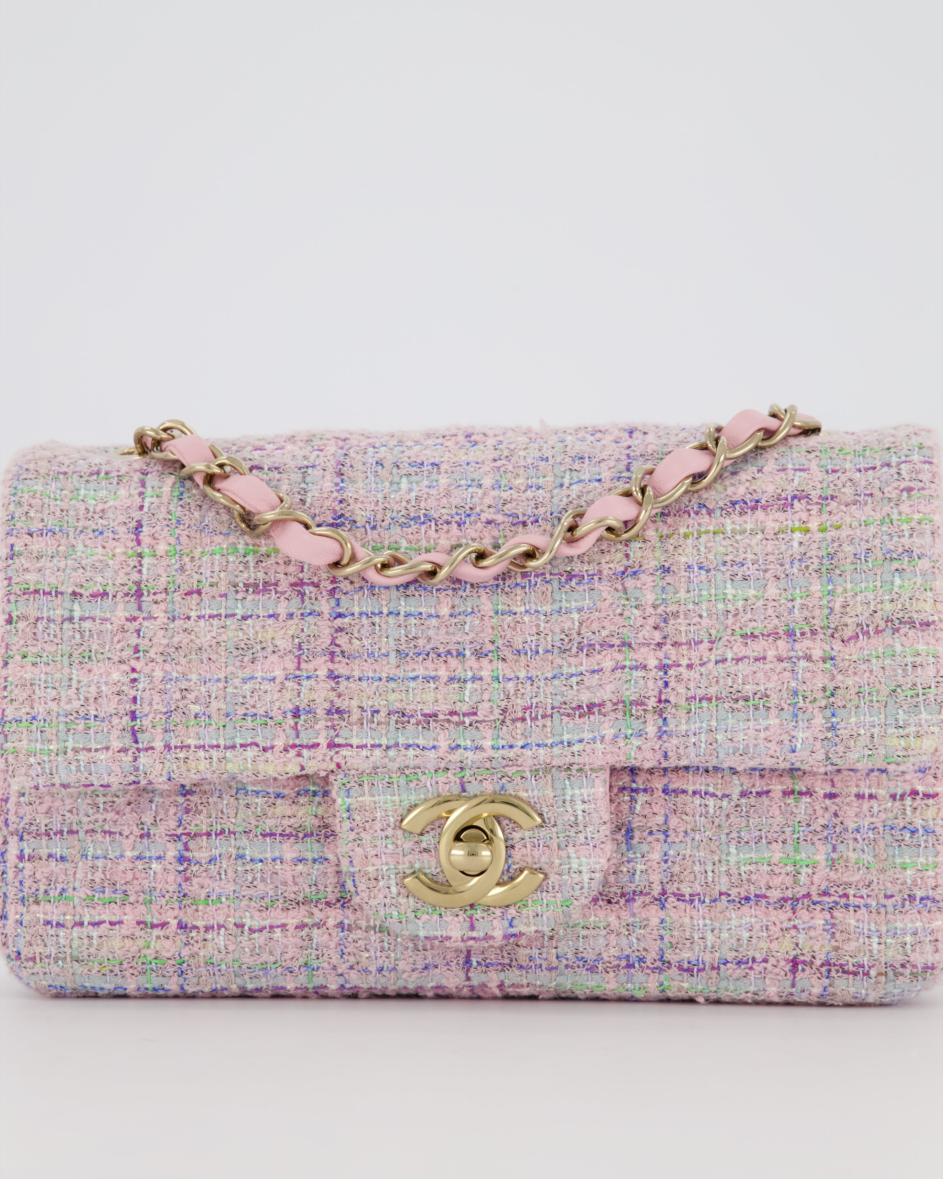 Chanel Lilac, Blue and Green Tweed Mini Rectangular Single Flap Bag with Gold Hardware