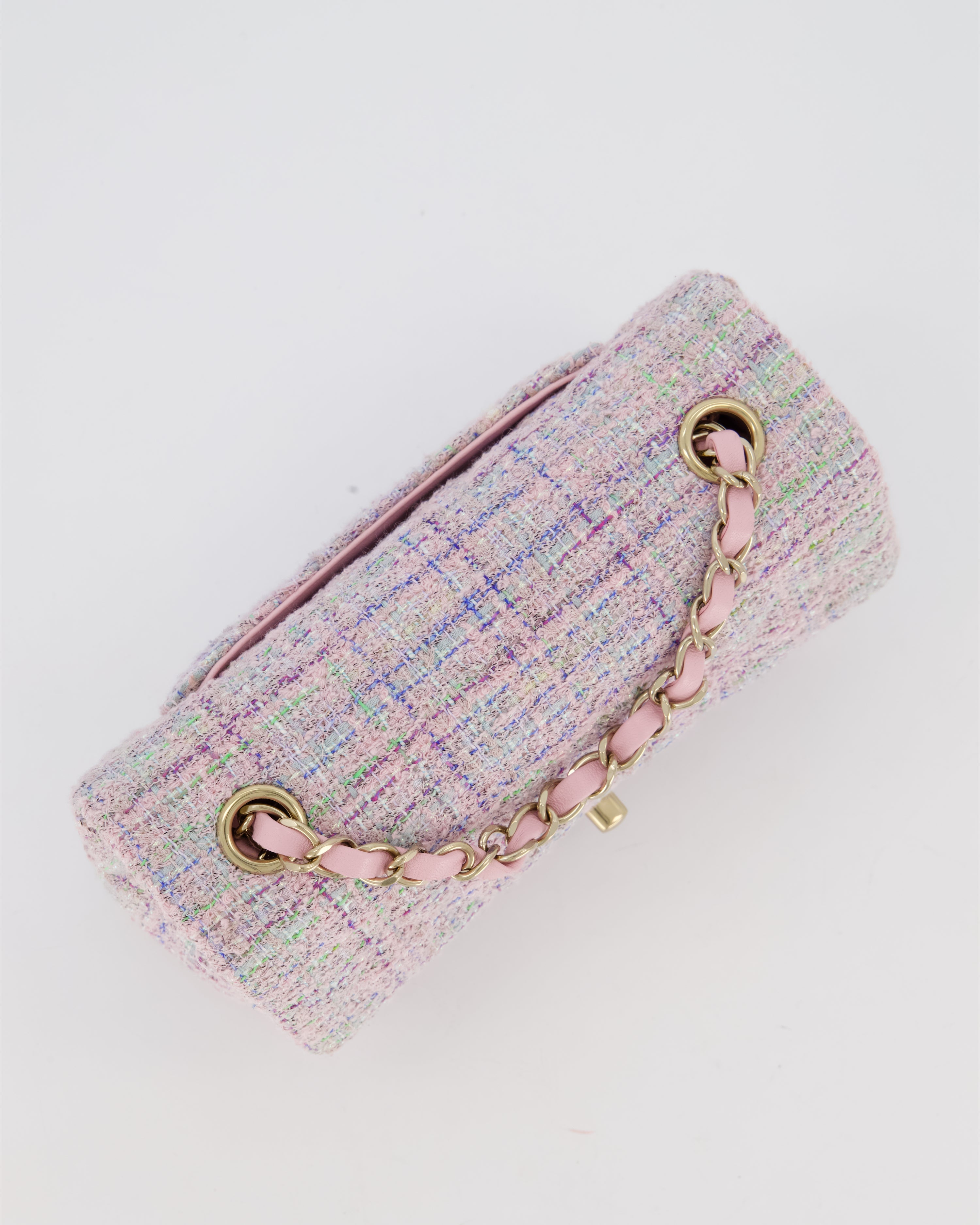Chanel Lilac, Blue and Green Tweed Mini Rectangular Single Flap Bag with Gold Hardware