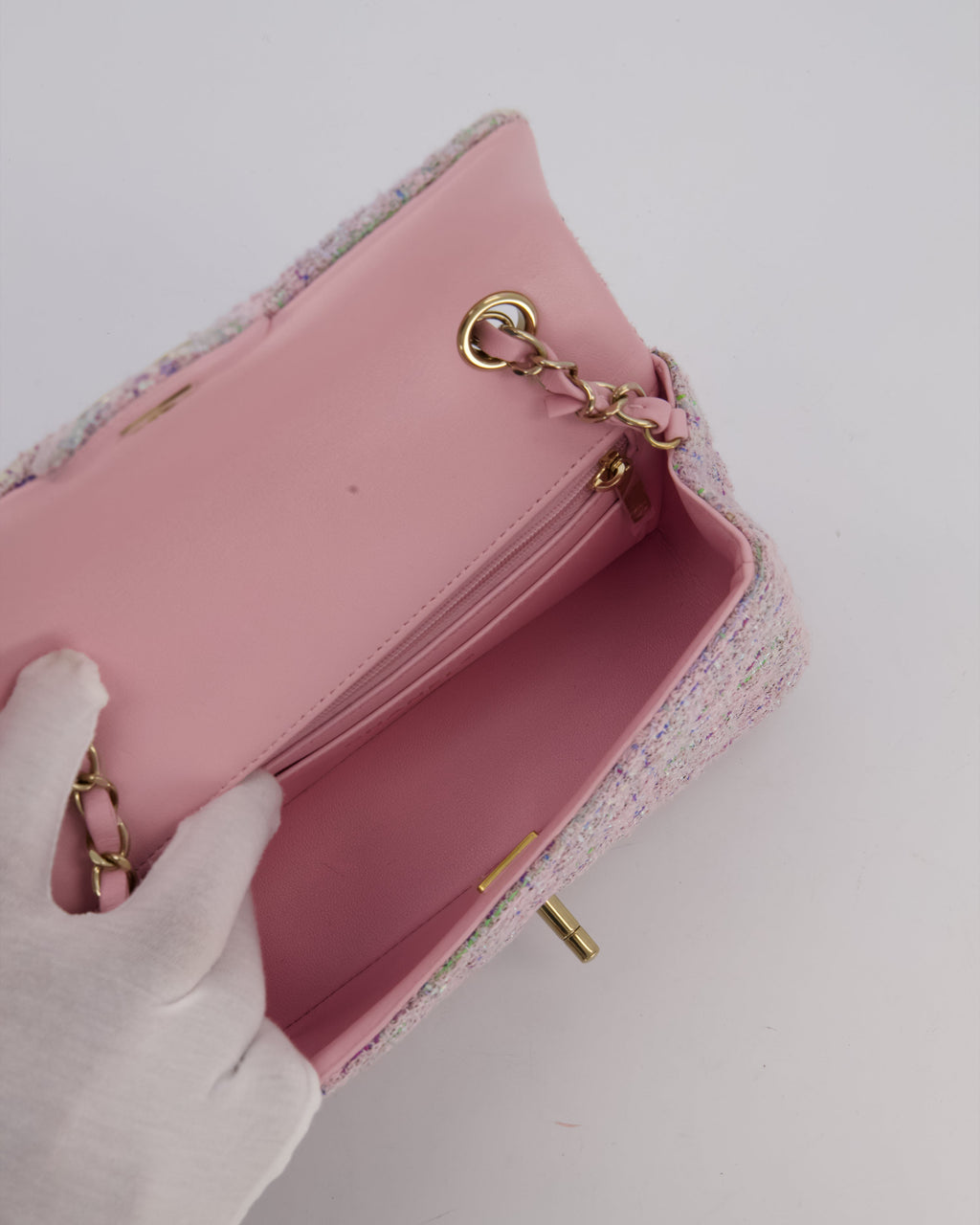 Chanel Lilac, Blue and Green Tweed Mini Rectangular Single Flap Bag with Gold Hardware