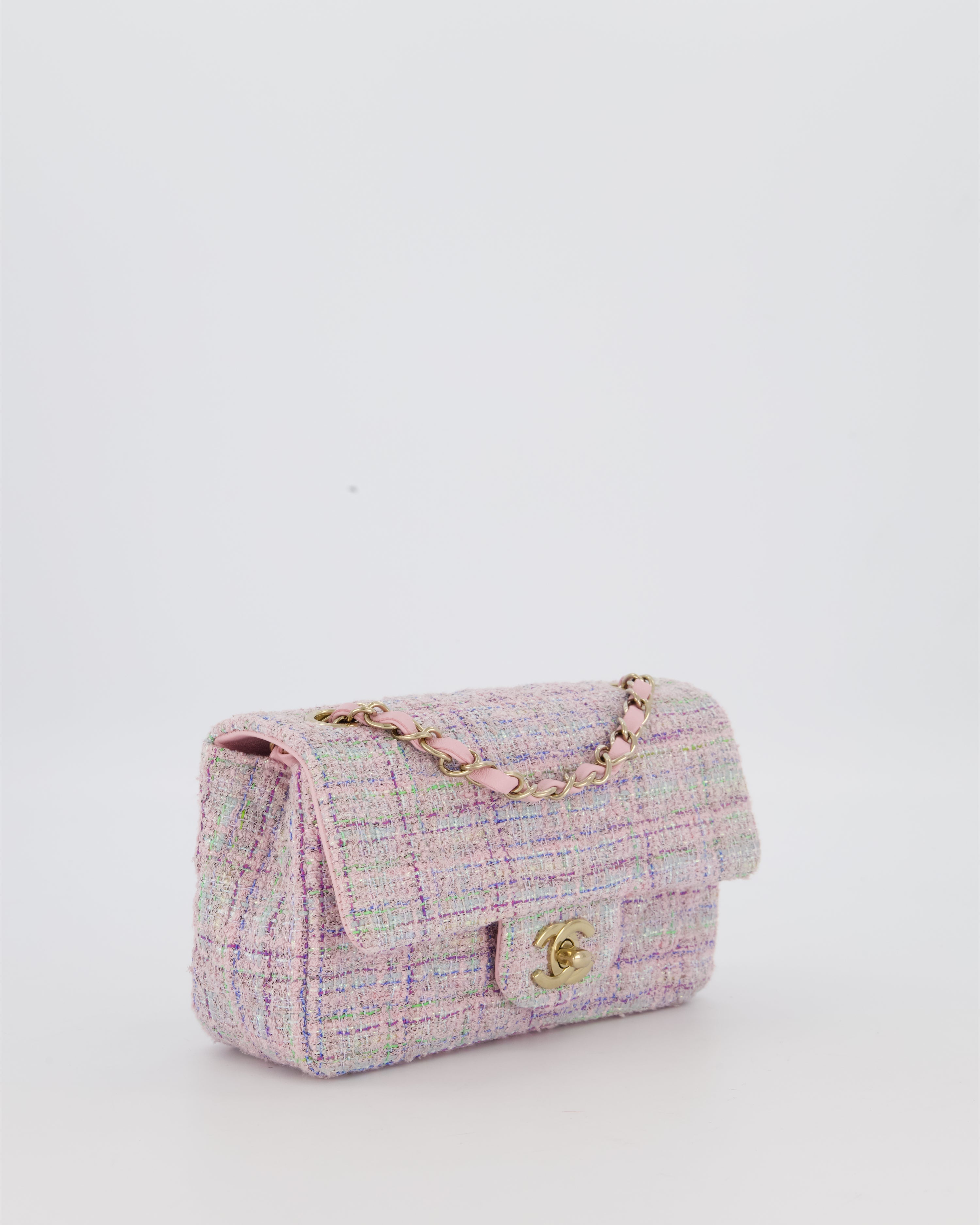 Chanel Lilac, Blue and Green Tweed Mini Rectangular Single Flap Bag with Gold Hardware