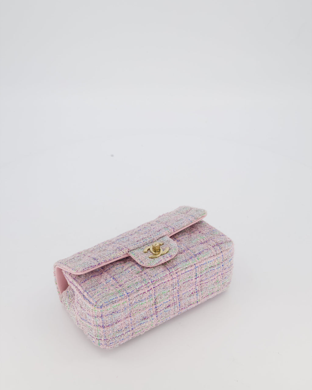 Chanel Lilac, Blue and Green Tweed Mini Rectangular Single Flap Bag with Gold Hardware