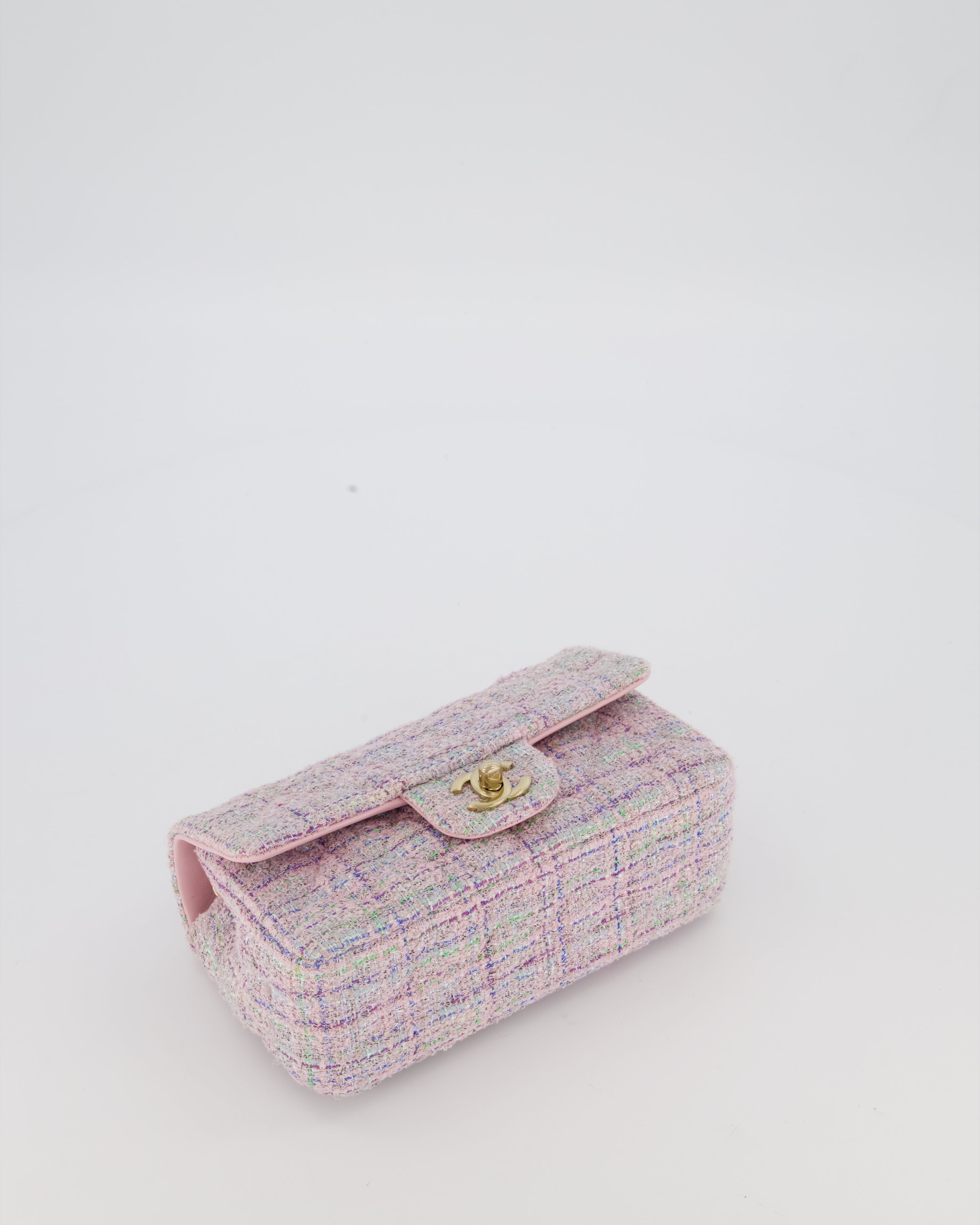 Chanel Lilac, Blue and Green Tweed Mini Rectangular Single Flap Bag with Gold Hardware