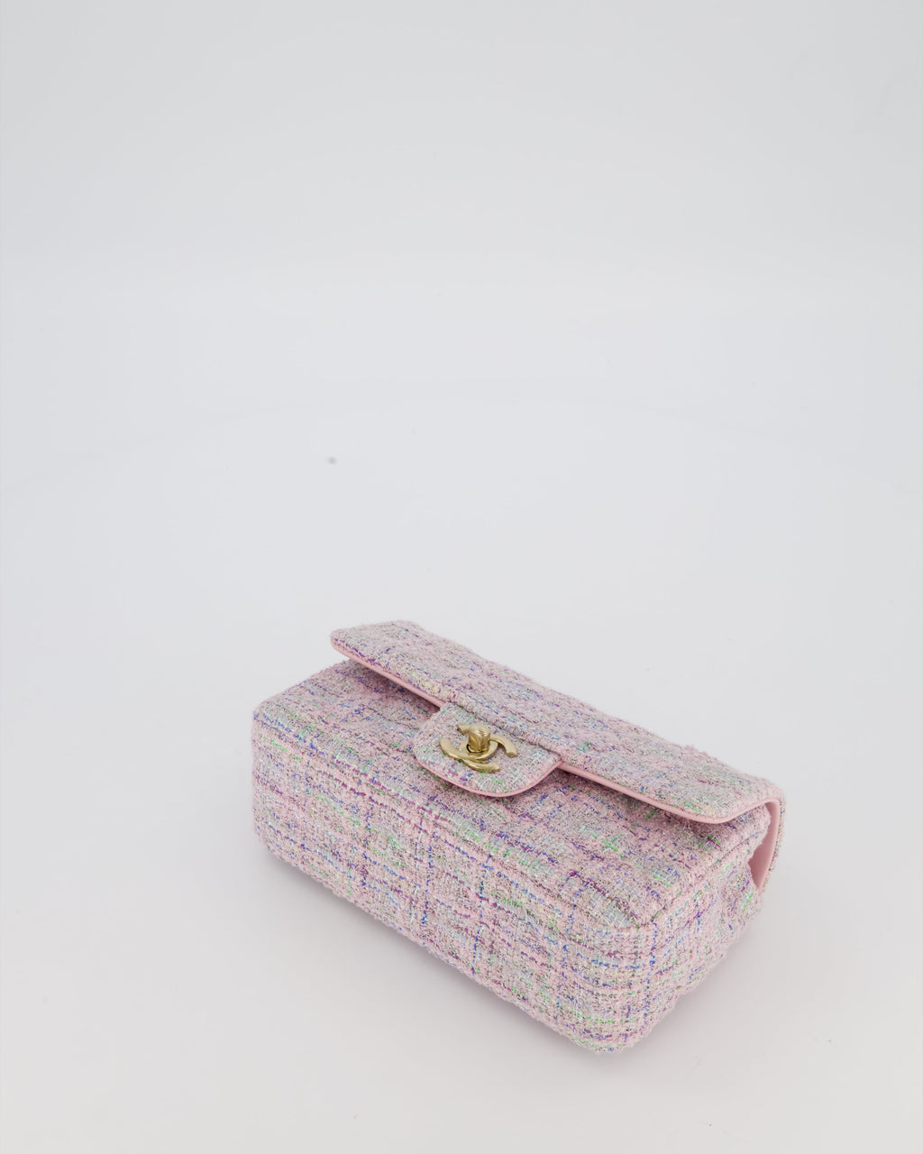 Chanel Lilac, Blue and Green Tweed Mini Rectangular Single Flap Bag with Gold Hardware