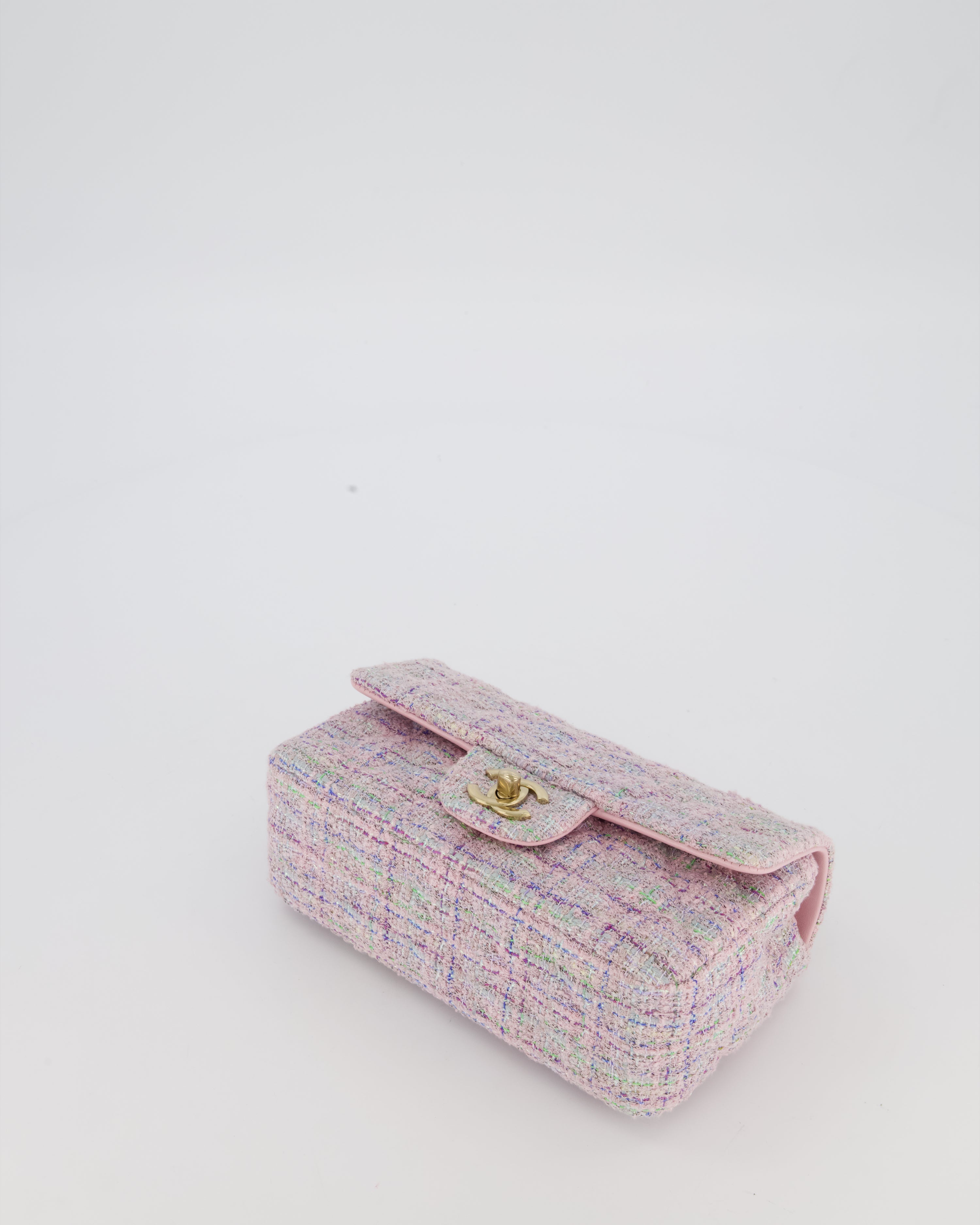 Chanel Lilac, Blue and Green Tweed Mini Rectangular Single Flap Bag with Gold Hardware