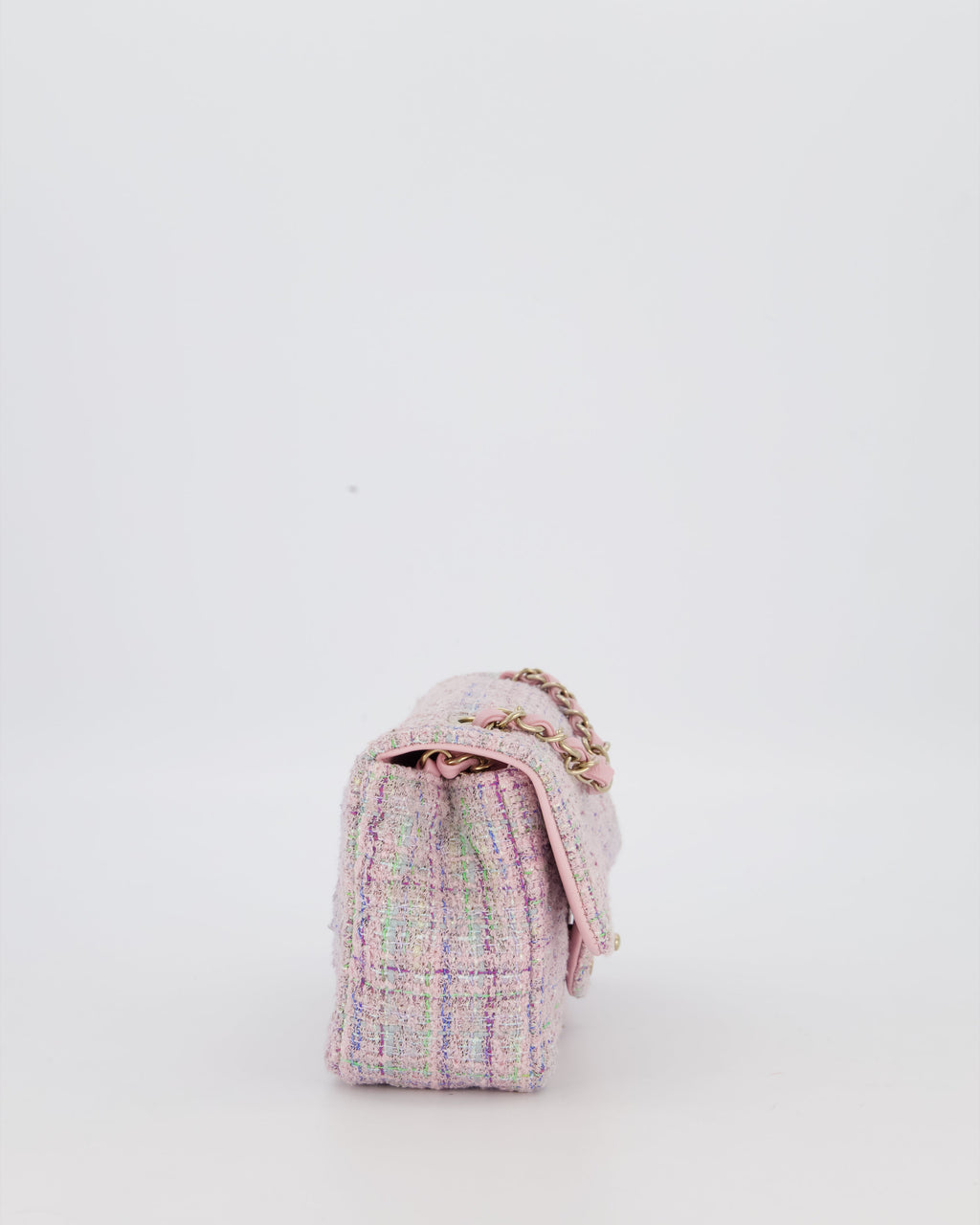 Chanel Lilac, Blue and Green Tweed Mini Rectangular Single Flap Bag with Gold Hardware