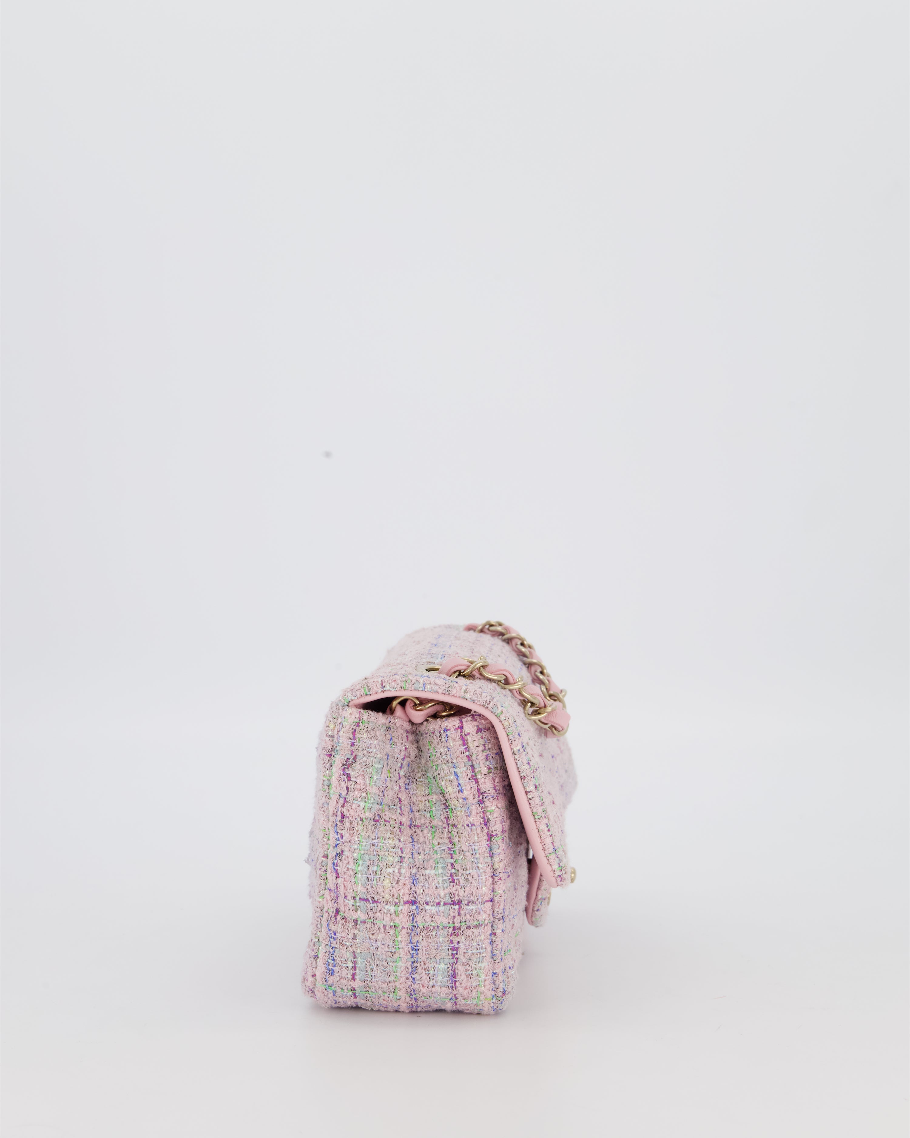 Chanel Lilac, Blue and Green Tweed Mini Rectangular Single Flap Bag with Gold Hardware