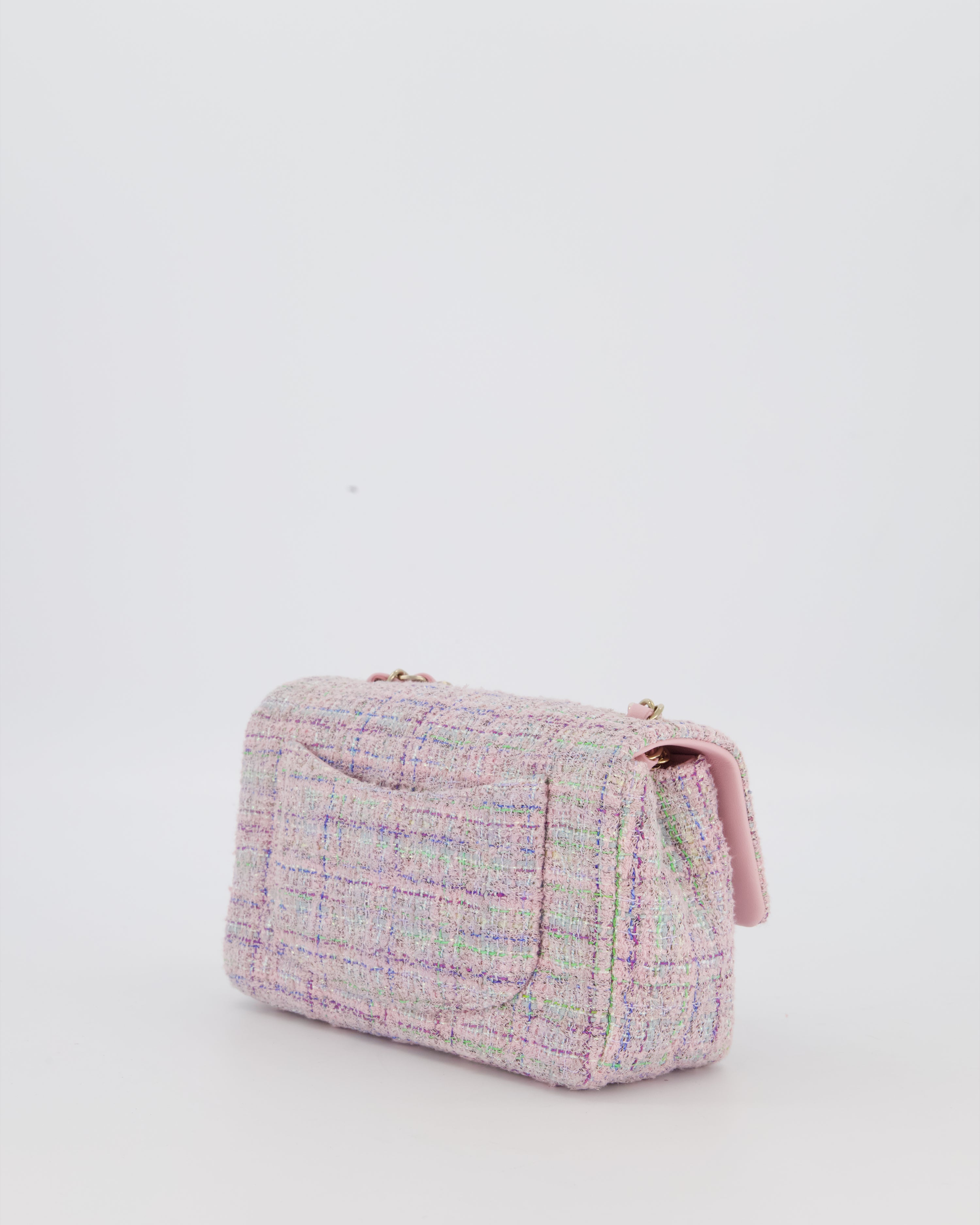Chanel Lilac, Blue and Green Tweed Mini Rectangular Single Flap Bag with Gold Hardware