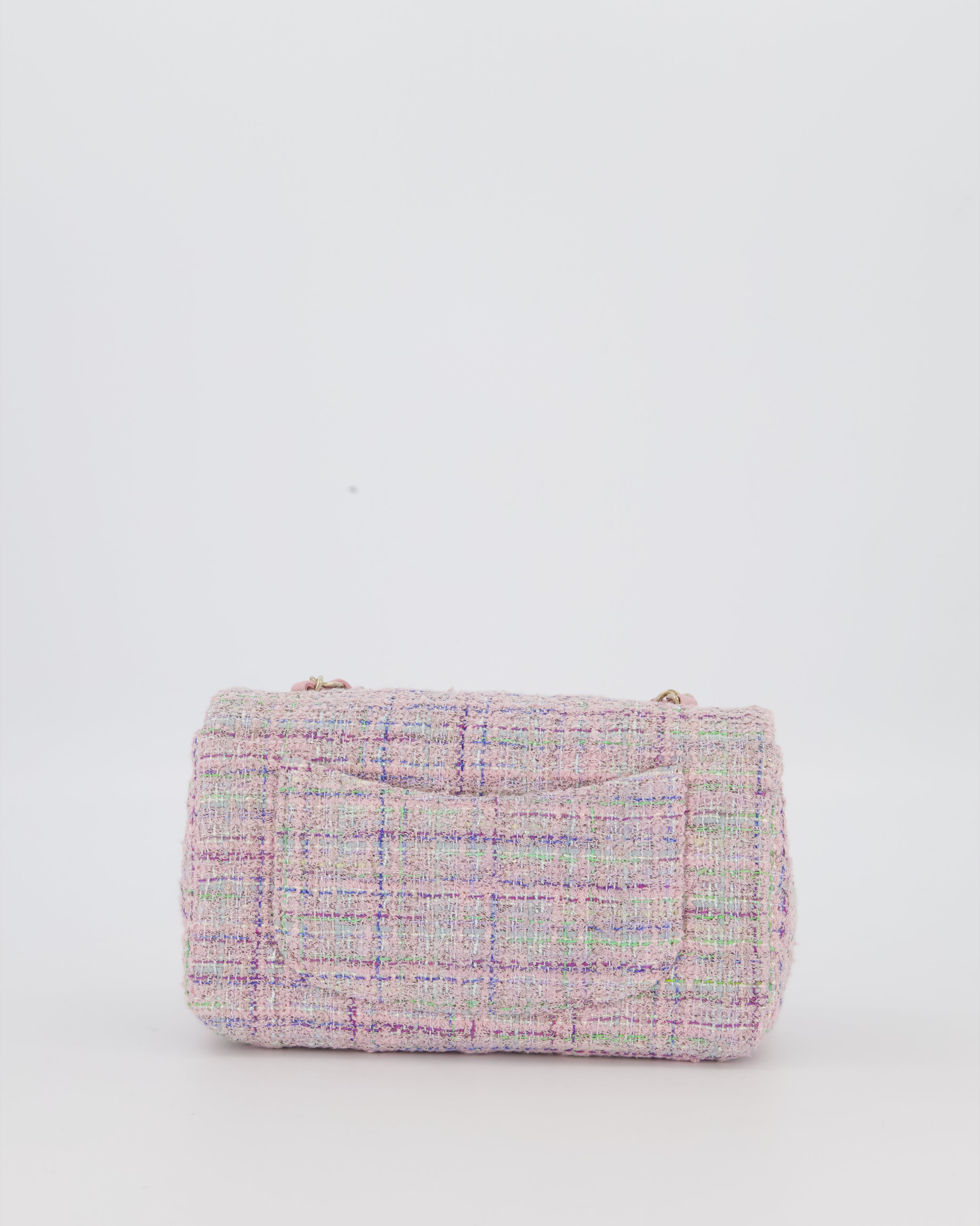 Chanel Lilac, Blue and Green Tweed Mini Rectangular Single Flap Bag with Gold Hardware