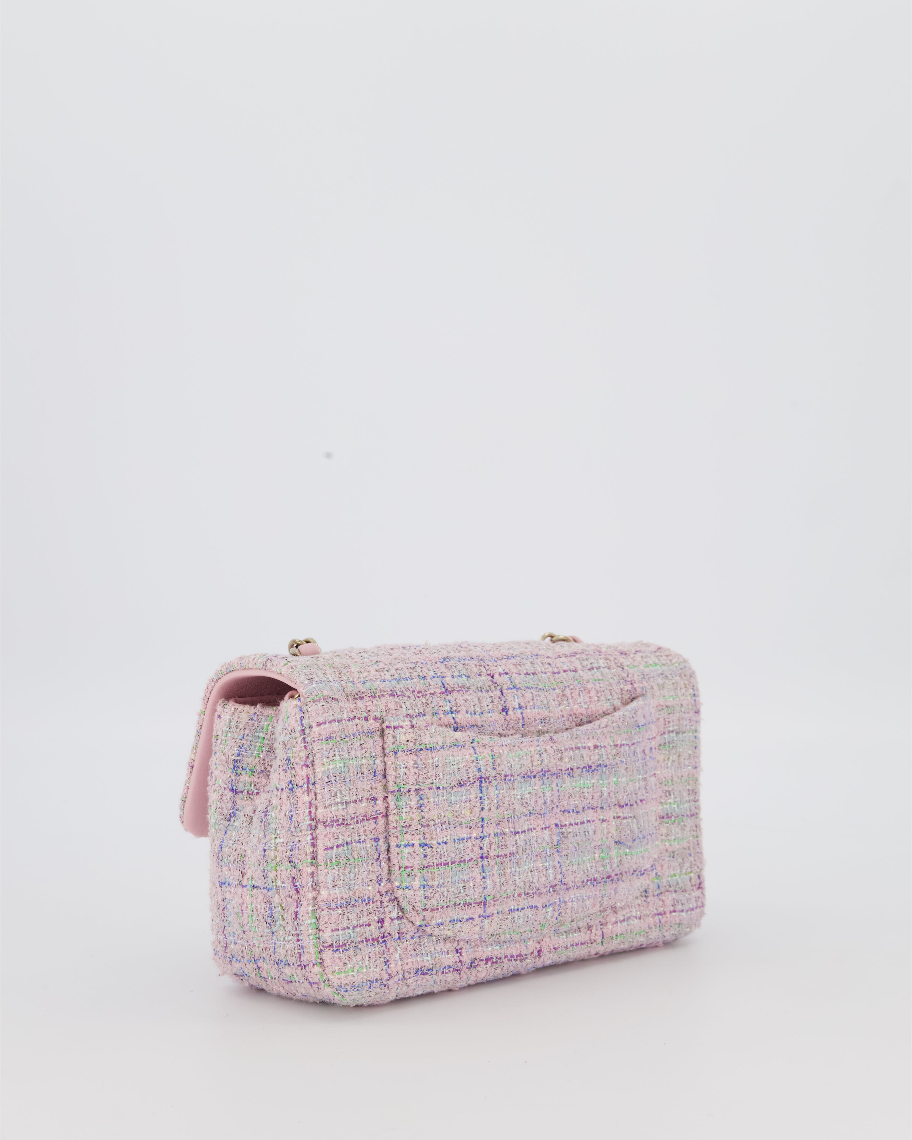 Chanel Lilac, Blue and Green Tweed Mini Rectangular Single Flap Bag with Gold Hardware