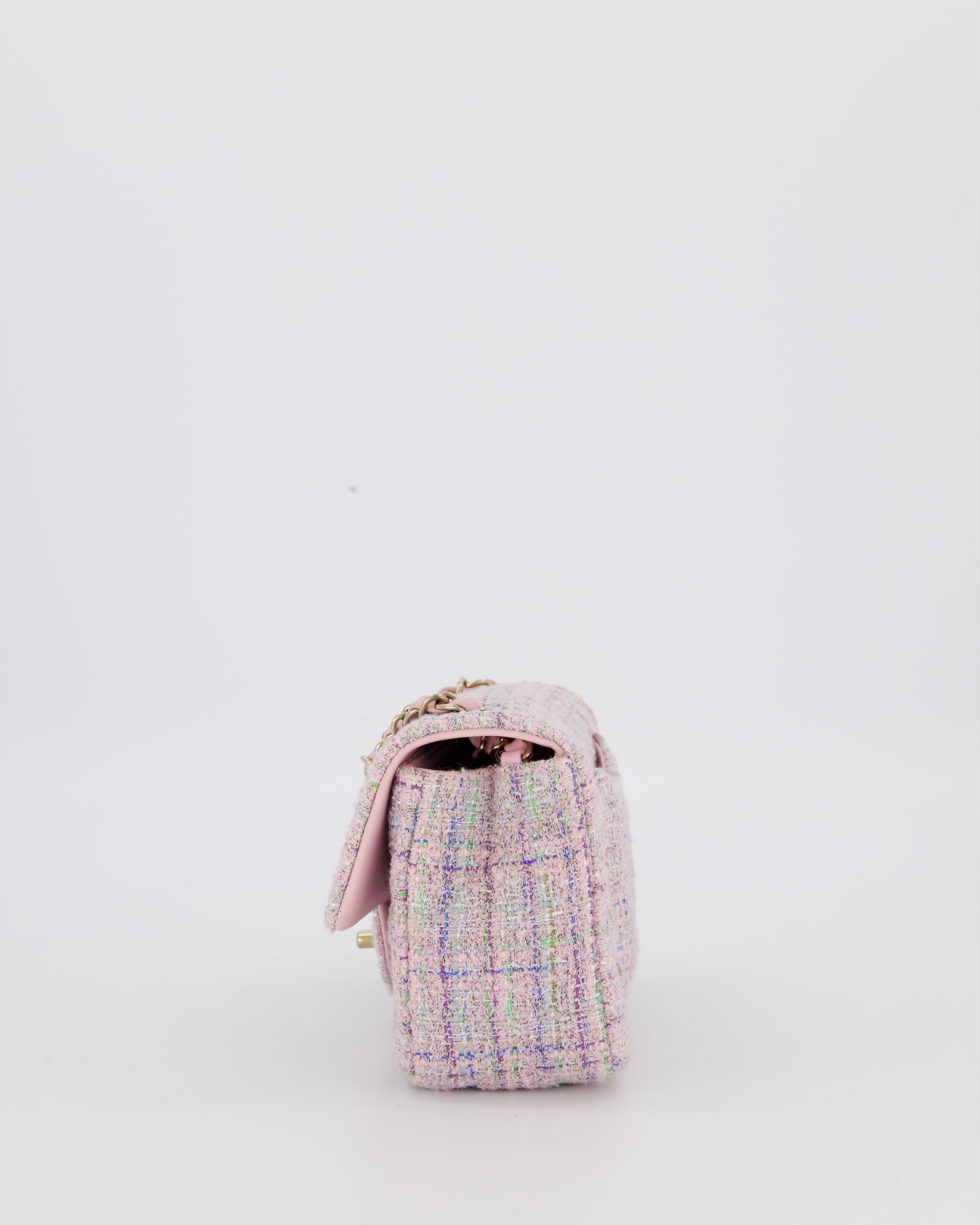 Chanel Lilac, Blue and Green Tweed Mini Rectangular Single Flap Bag with Gold Hardware