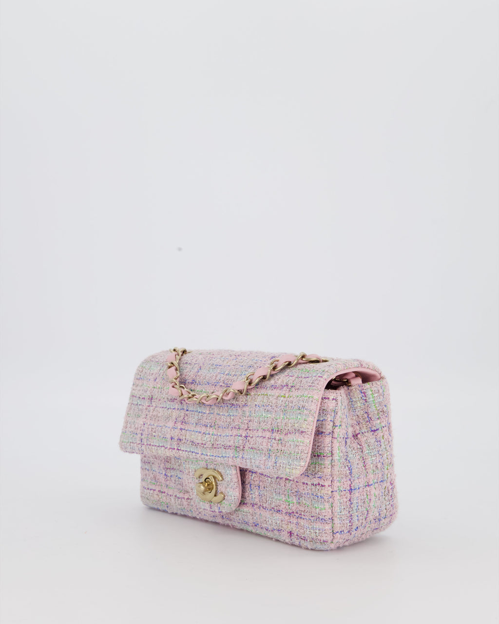 Chanel Lilac, Blue and Green Tweed Mini Rectangular Single Flap Bag with Gold Hardware
