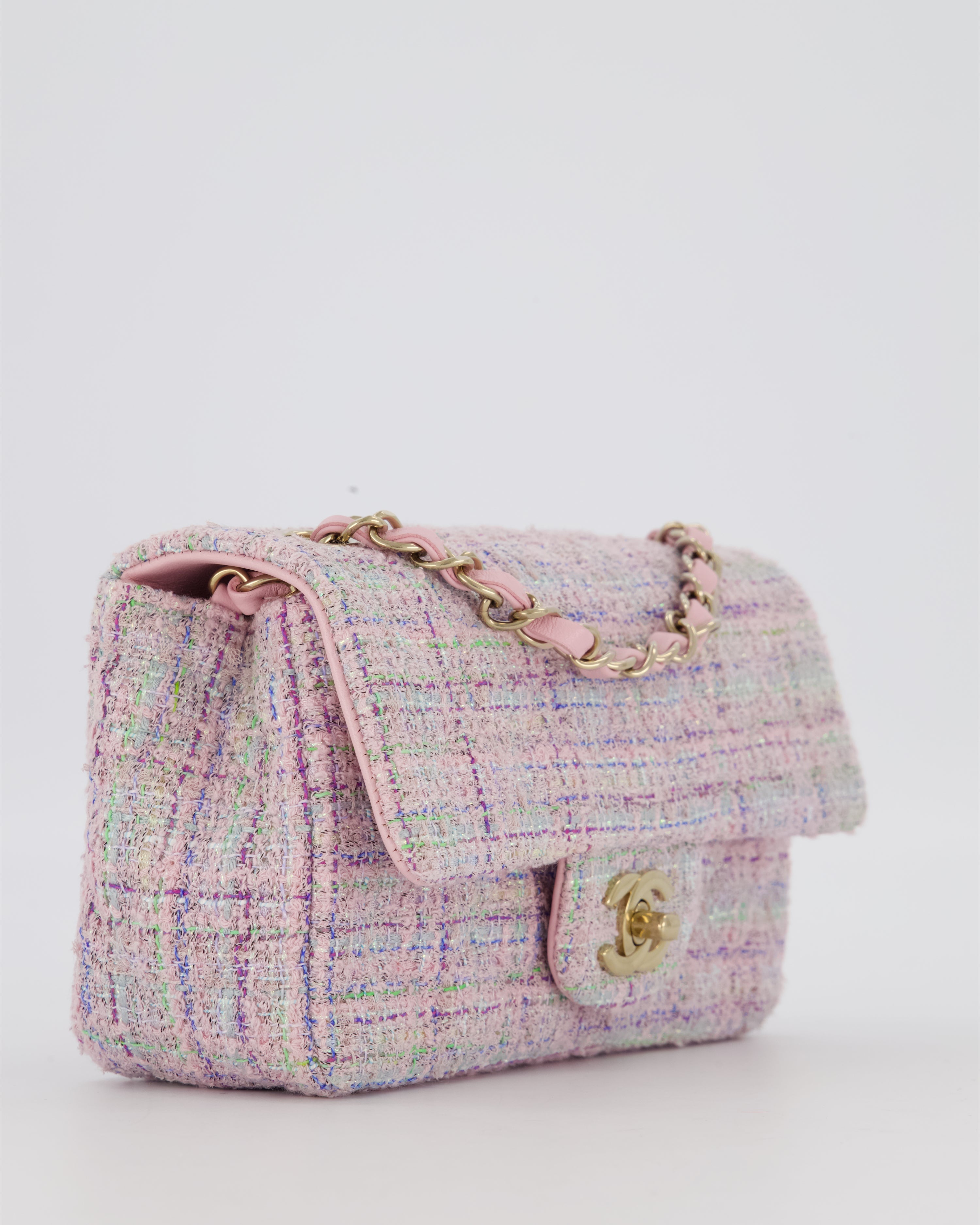 Chanel Lilac, Blue and Green Tweed Mini Rectangular Single Flap Bag with Gold Hardware