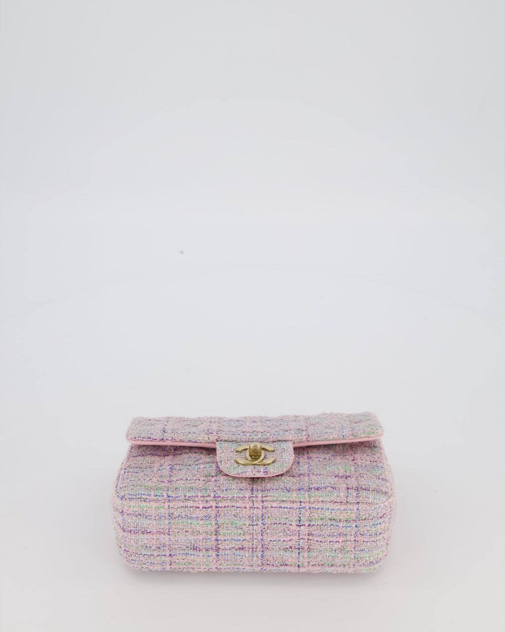 Chanel Lilac, Blue and Green Tweed Mini Rectangular Single Flap Bag with Gold Hardware