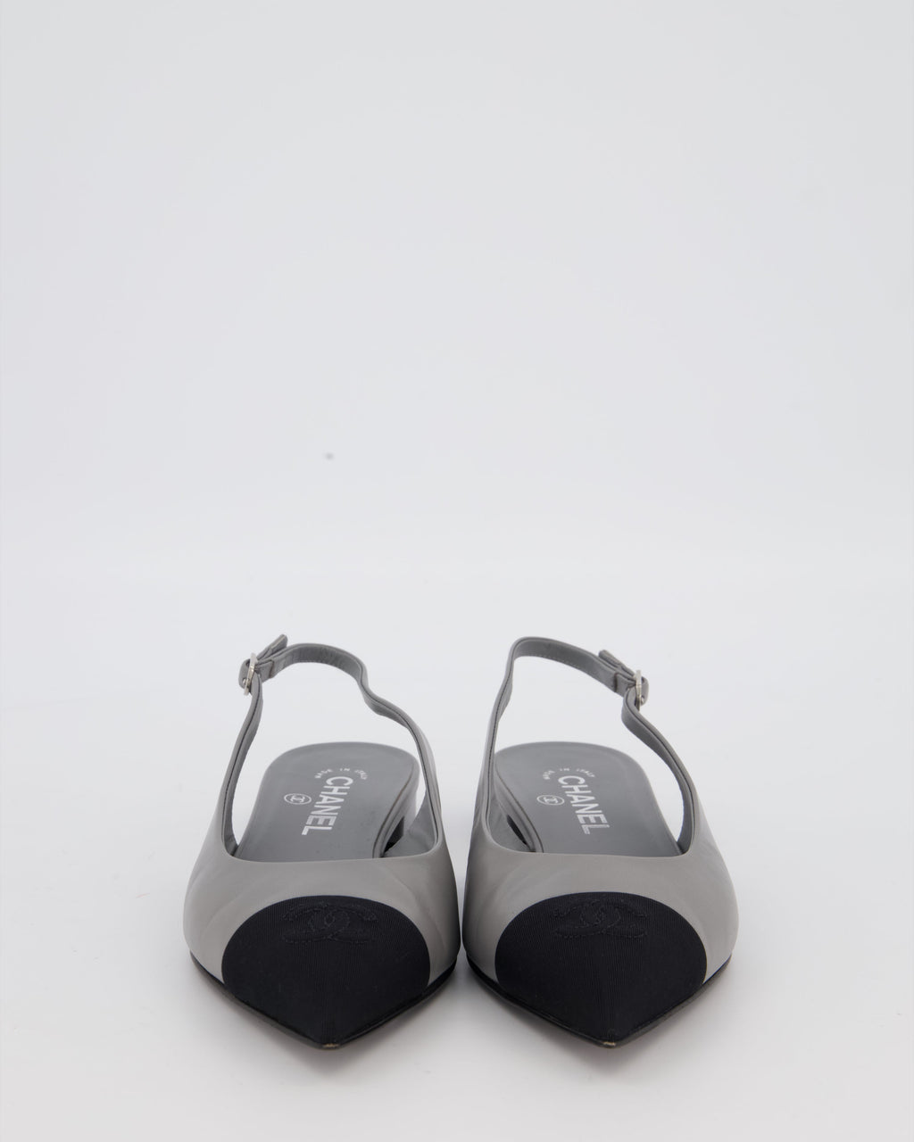 Chanel Black and Grey Pointed Toe Slingbacks with CC Logo Detail Size EU 38