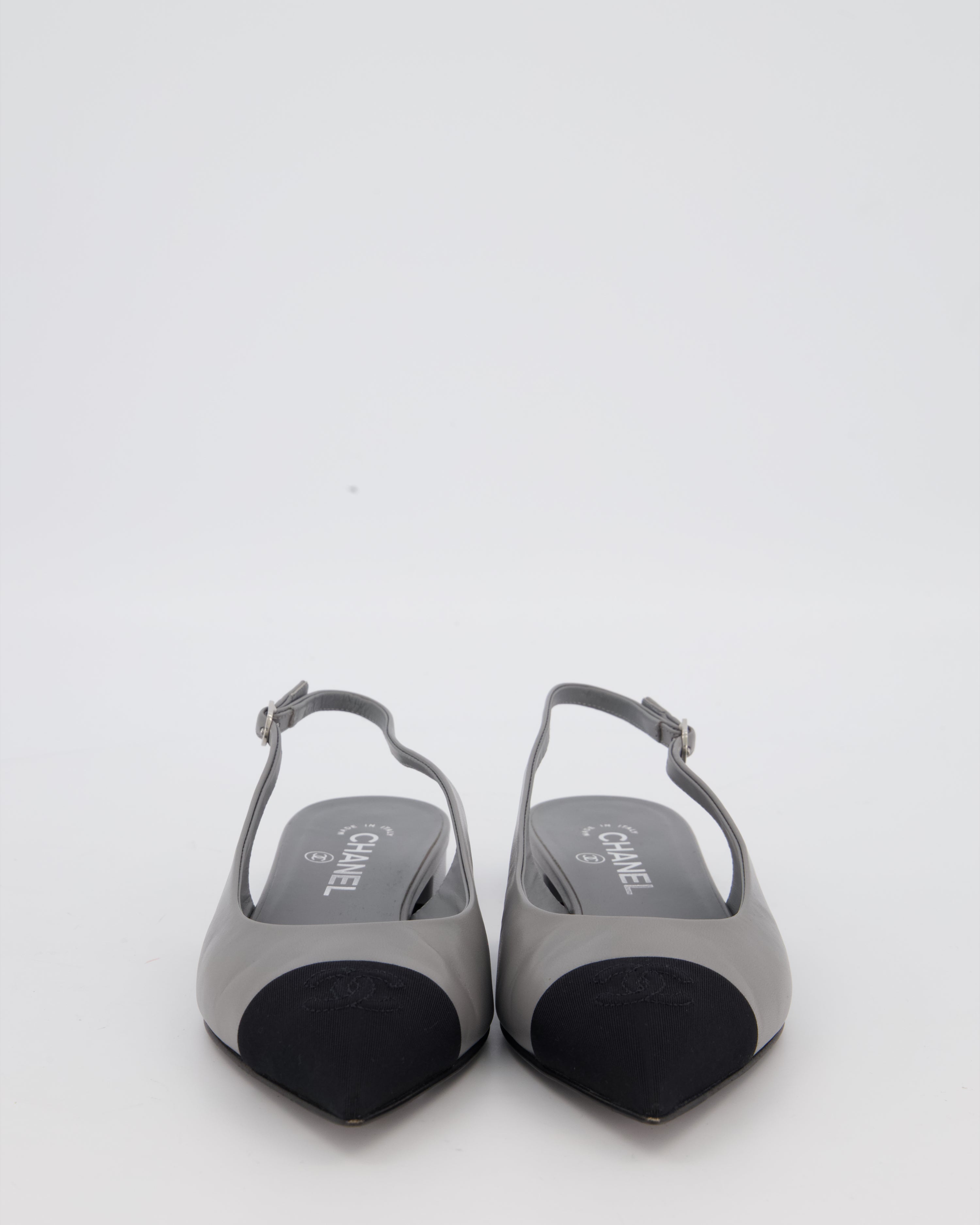 Chanel Black and Grey Pointed Toe Slingbacks with CC Logo Detail Size EU 38