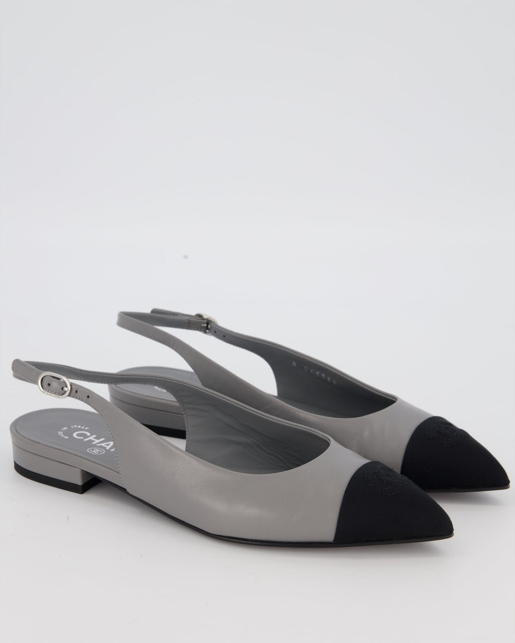 Chanel Black and Grey Pointed Toe Slingbacks with CC Logo Detail Size EU 38