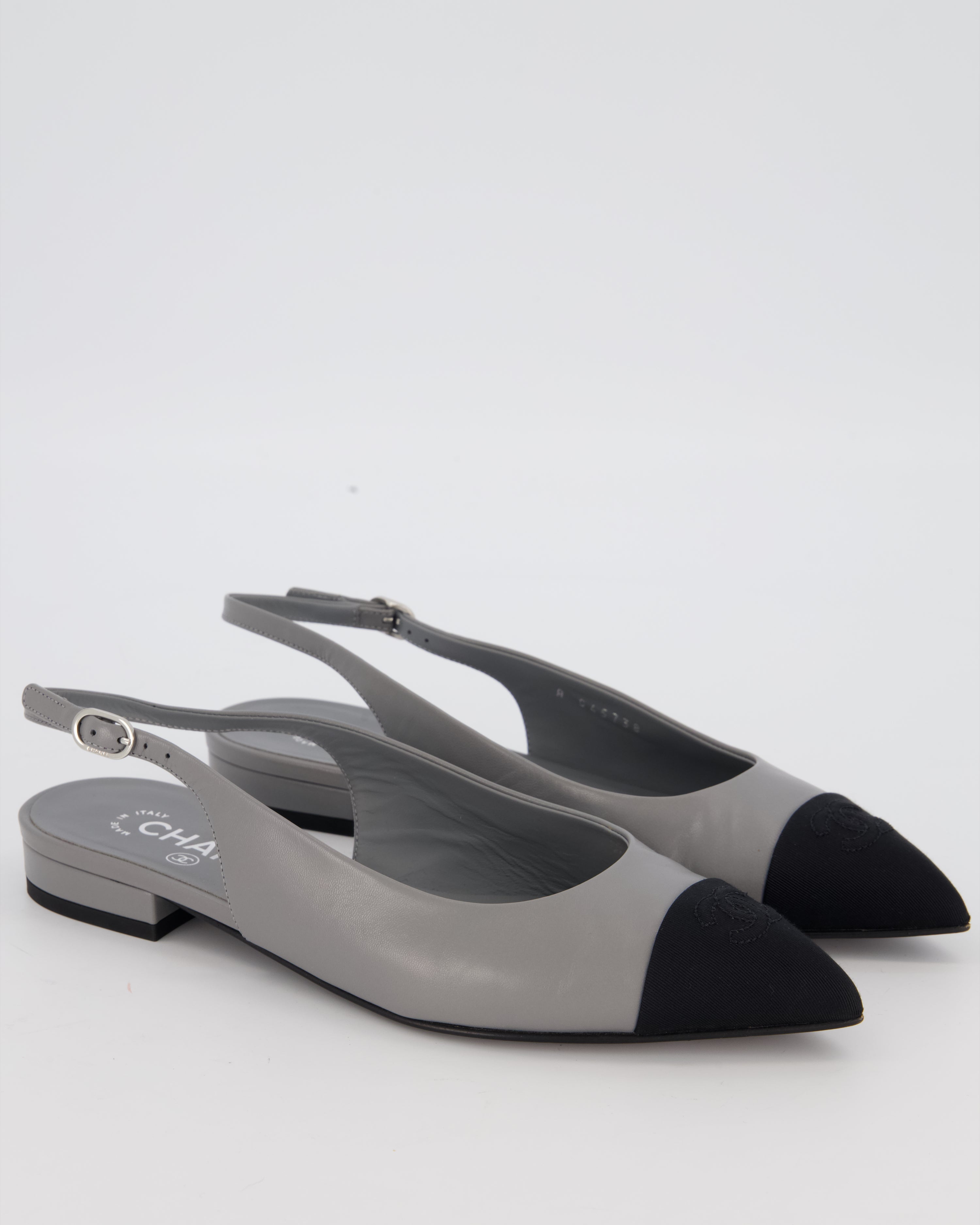 Chanel Black and Grey Pointed Toe Slingbacks with CC Logo Detail Size EU 38